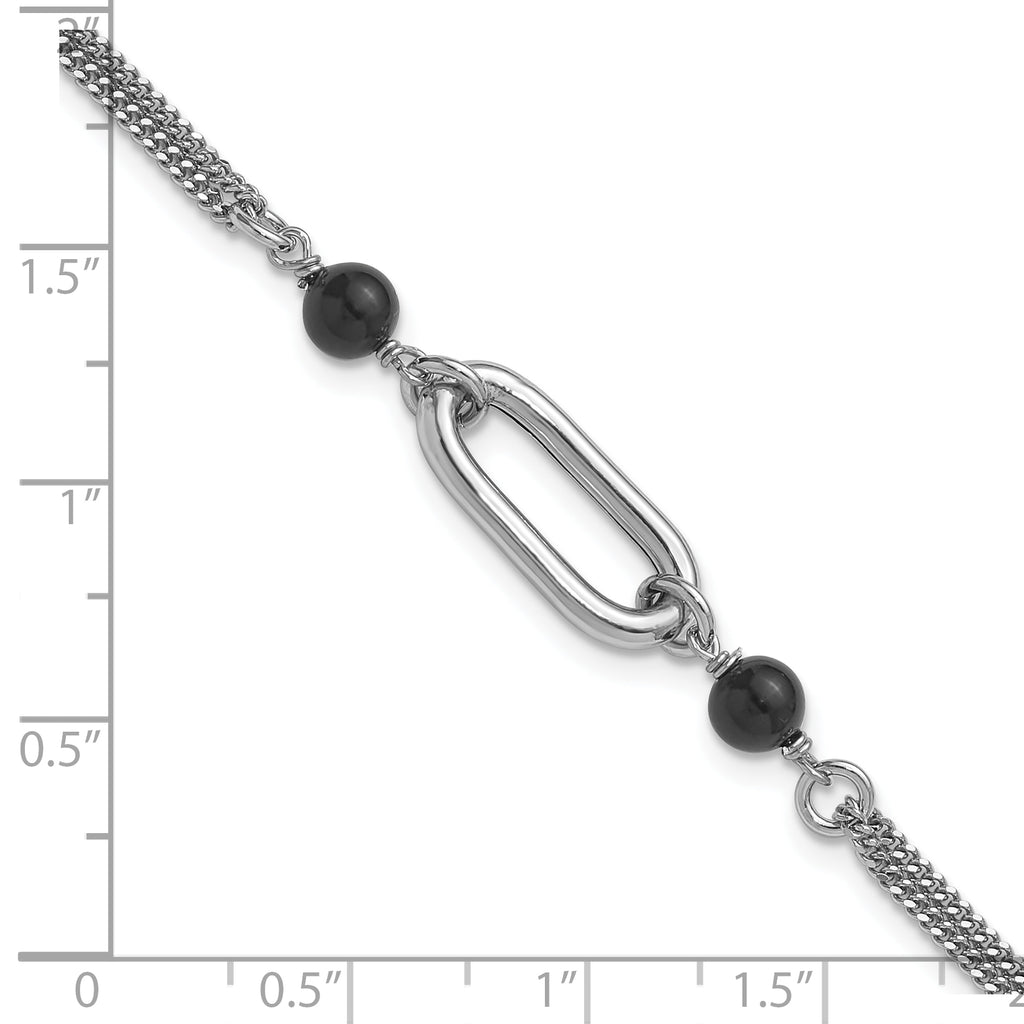 SS RH-pltd Black Glass Pearl 2-Strand Link w/1in Ext Bracelet