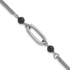 SS RH-pltd Black Glass Pearl 2-Strand Link w/1in Ext Bracelet