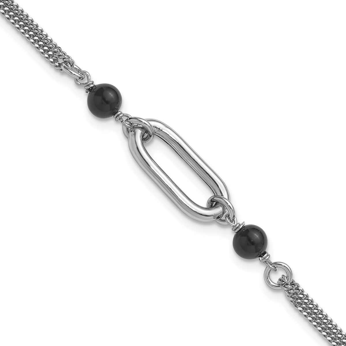 SS RH-pltd Black Glass Pearl 2-Strand Link w/1in Ext Bracelet