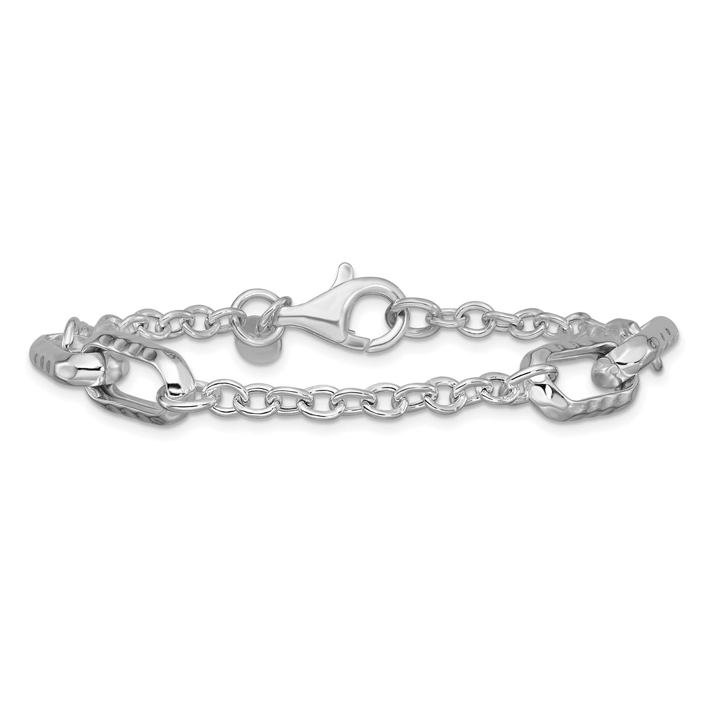Sterling Silver RH-plated Polished and Hammered Link Bracelet