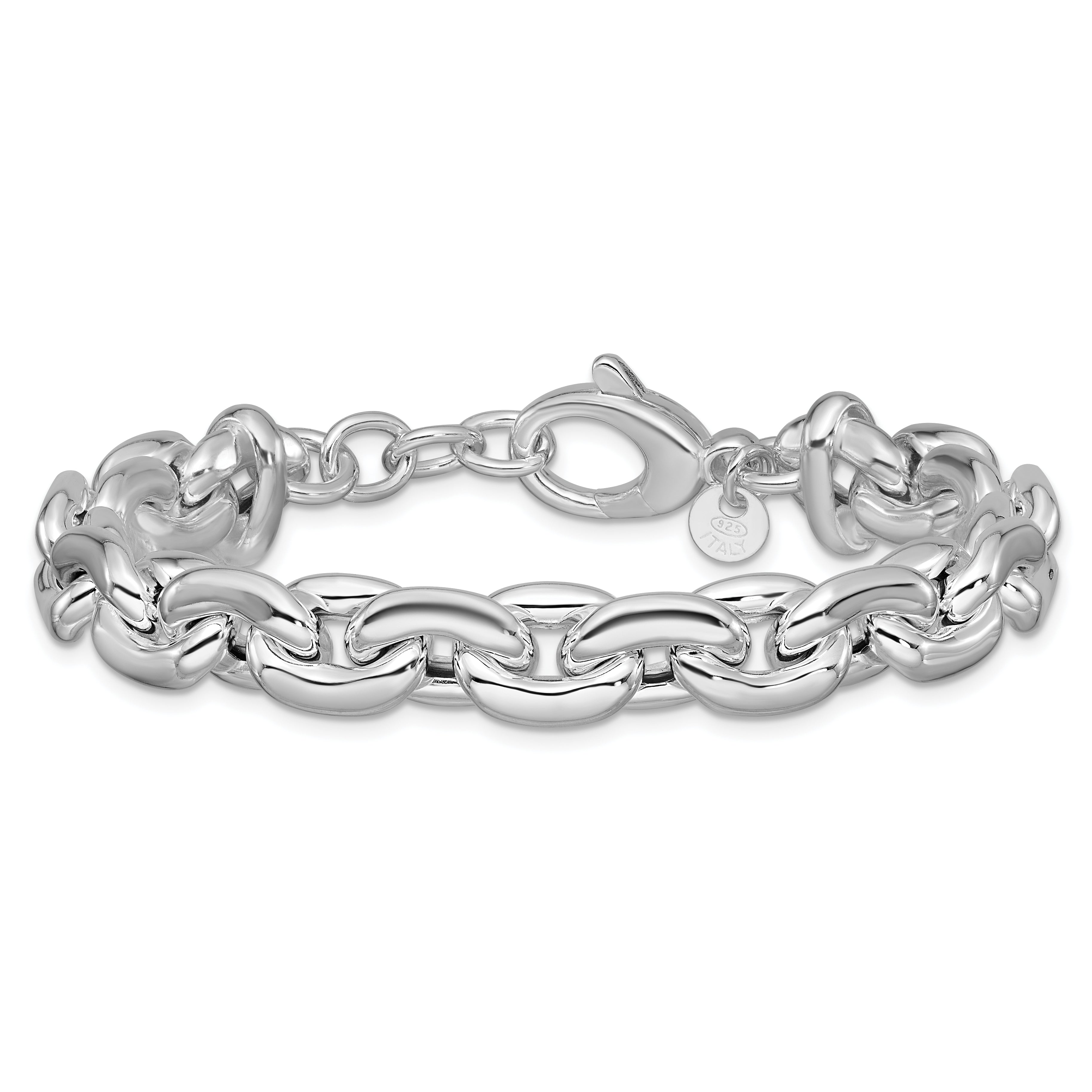 Sterling Silver RH-plt Polished Cable Link w/.5in ext. Bracelet