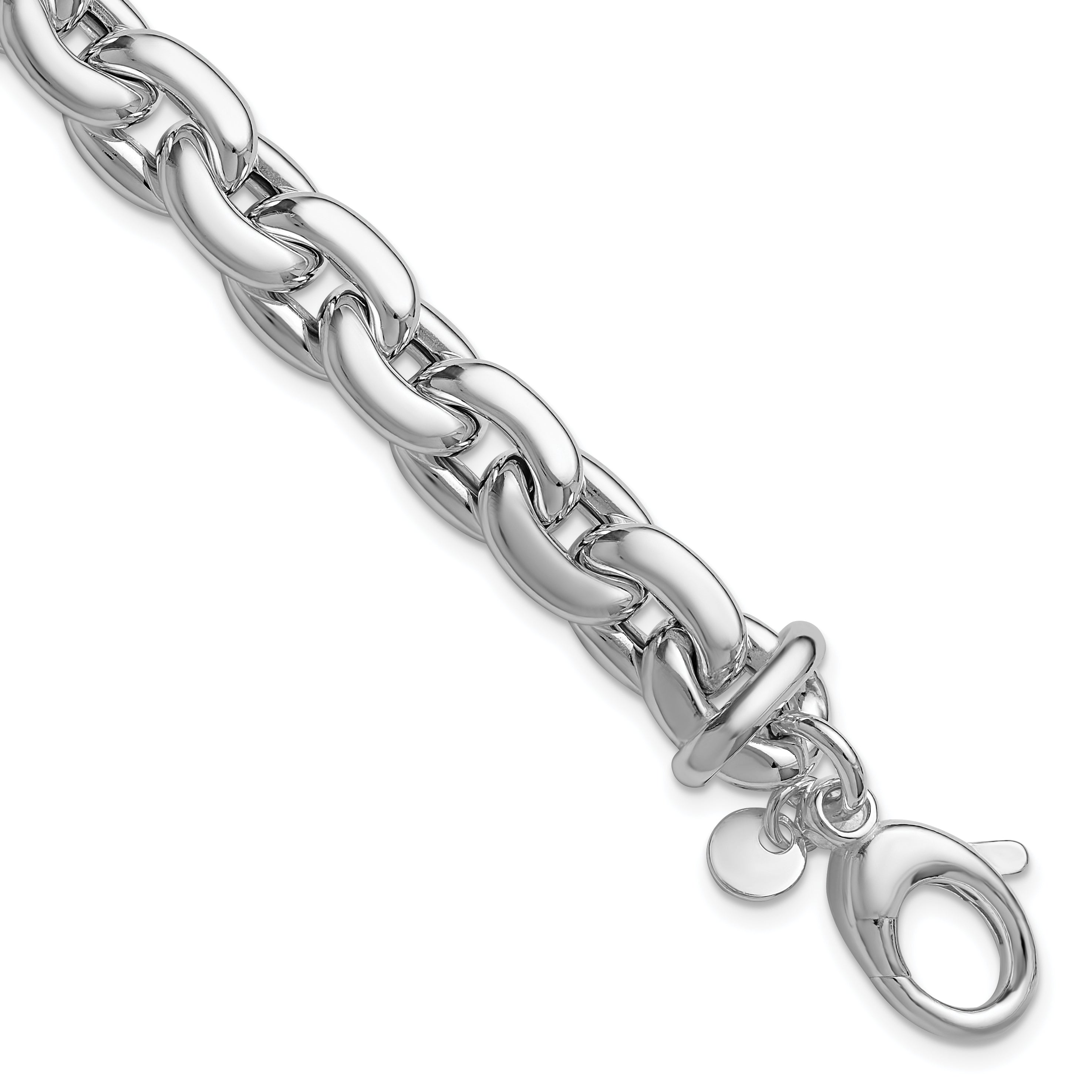 Sterling Silver RH-plt Polished Cable Link w/.5in ext. Bracelet