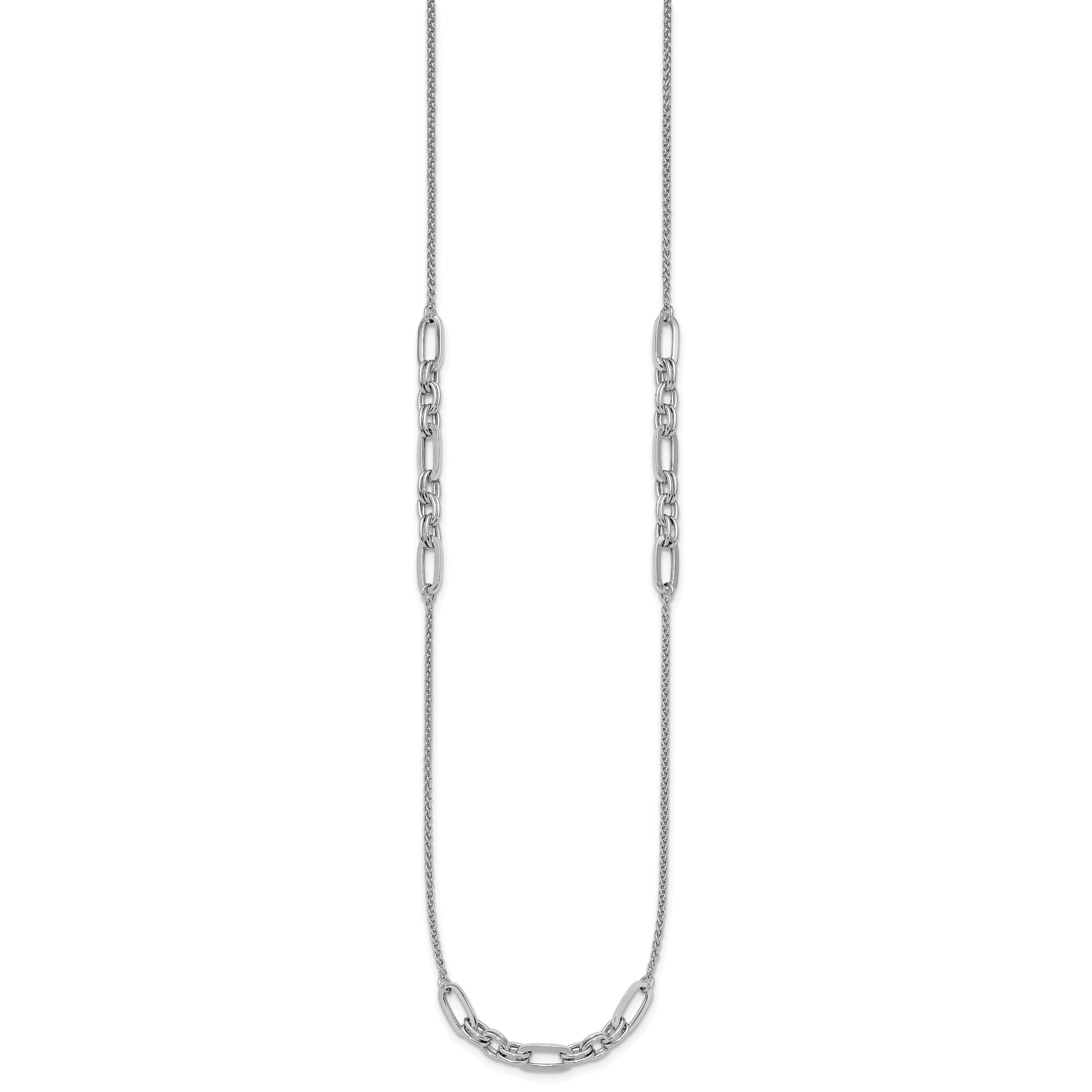 Sterling Silver RH-plated Fancy Oval Station Links Necklace