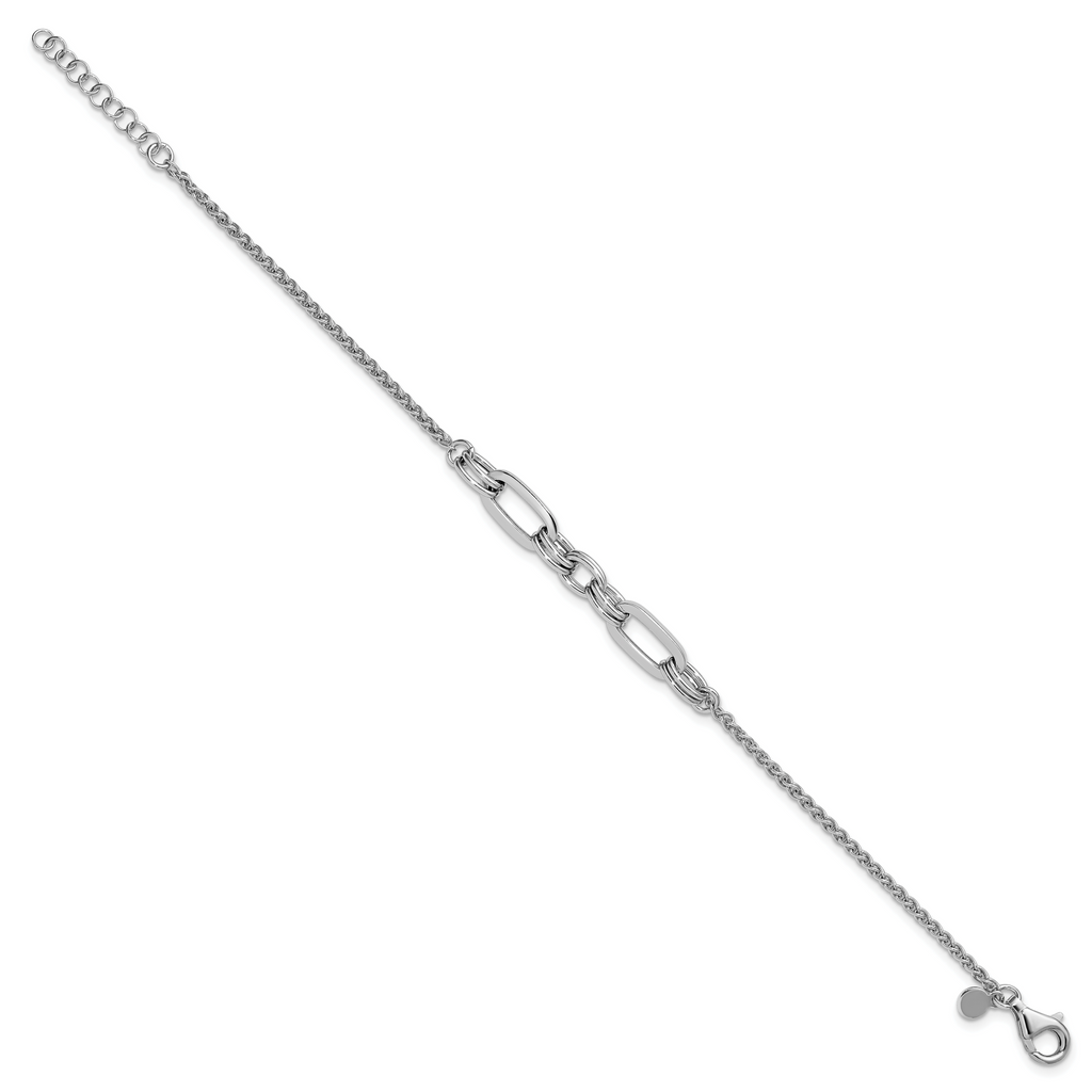 Sterling Silver RH-plated Fancy Oval Links w/1in ext. Bracelet