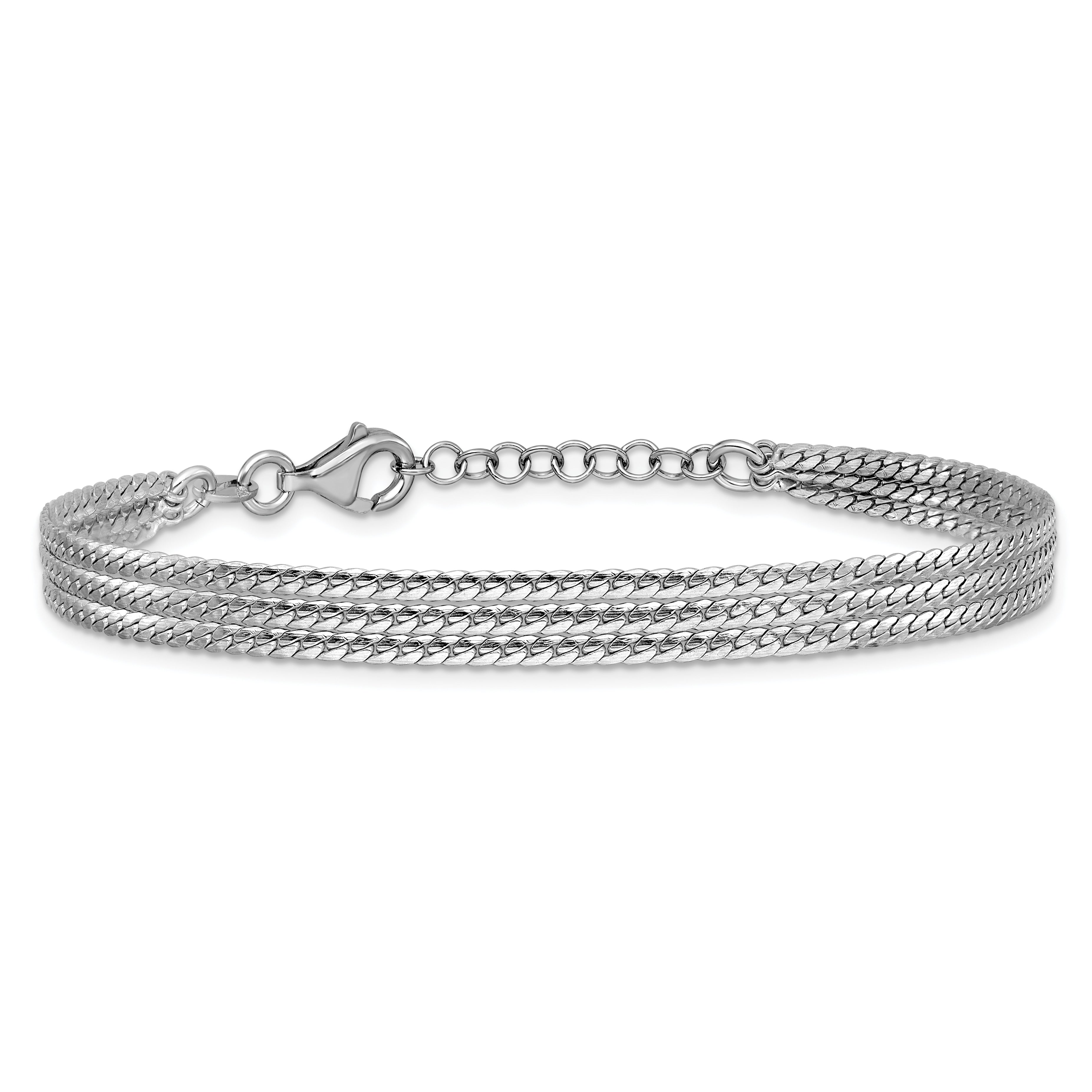 Sterling Silver RH-Plated Pol. Fancy 3-strand w/1in ext. Bracelet