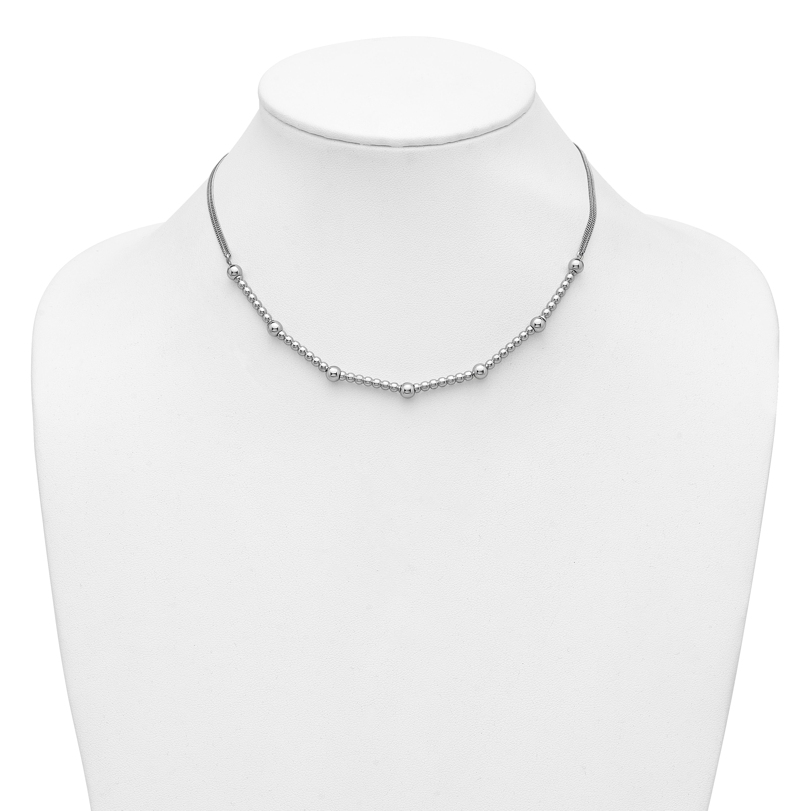 Sterling Silver RH-plt Pol. 2-strand Beaded w/2in ext. Necklace