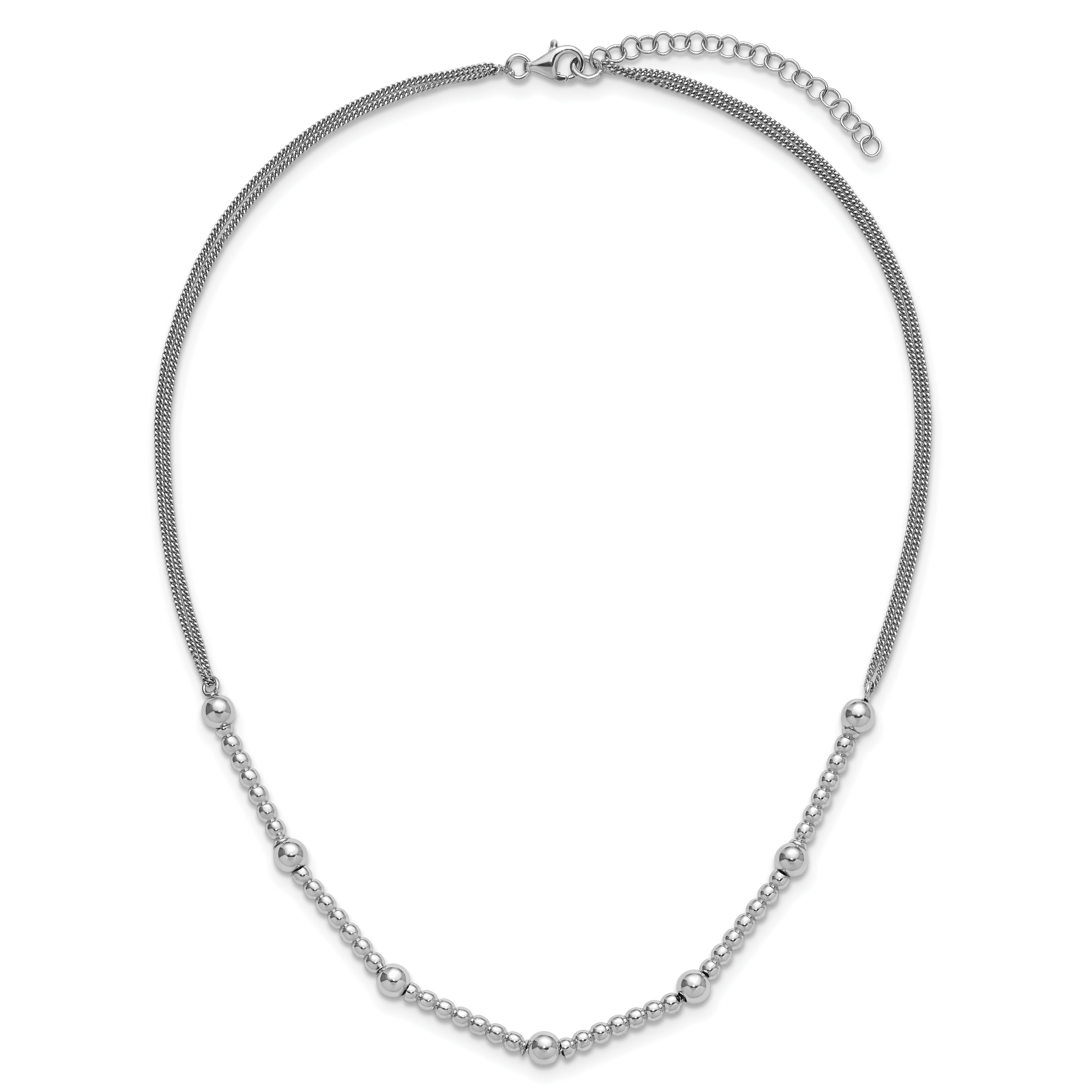 Sterling Silver RH-plt Pol. 2-strand Beaded w/2in ext. Necklace