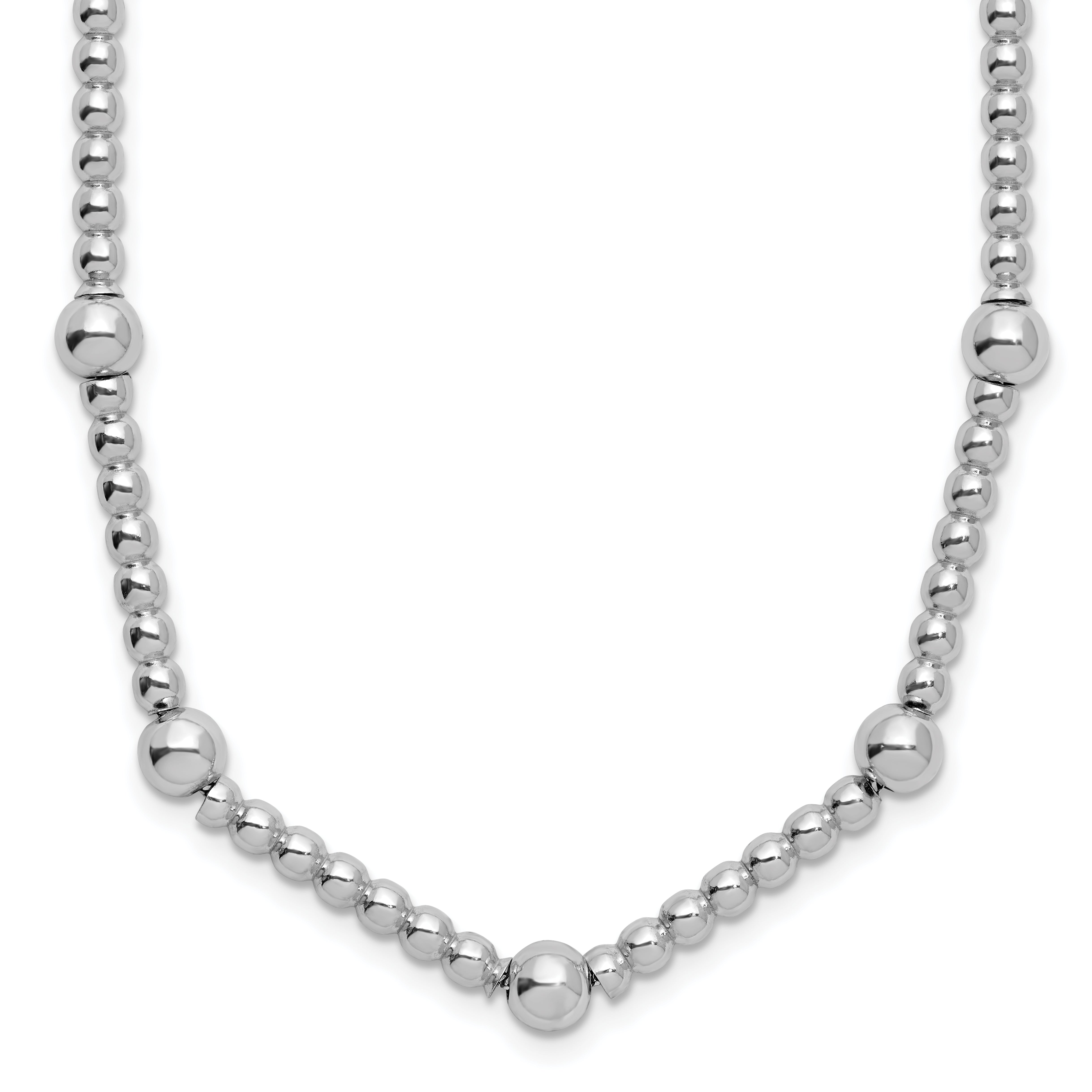 Sterling Silver RH-plt Pol. 2-strand Beaded w/2in ext. Necklace