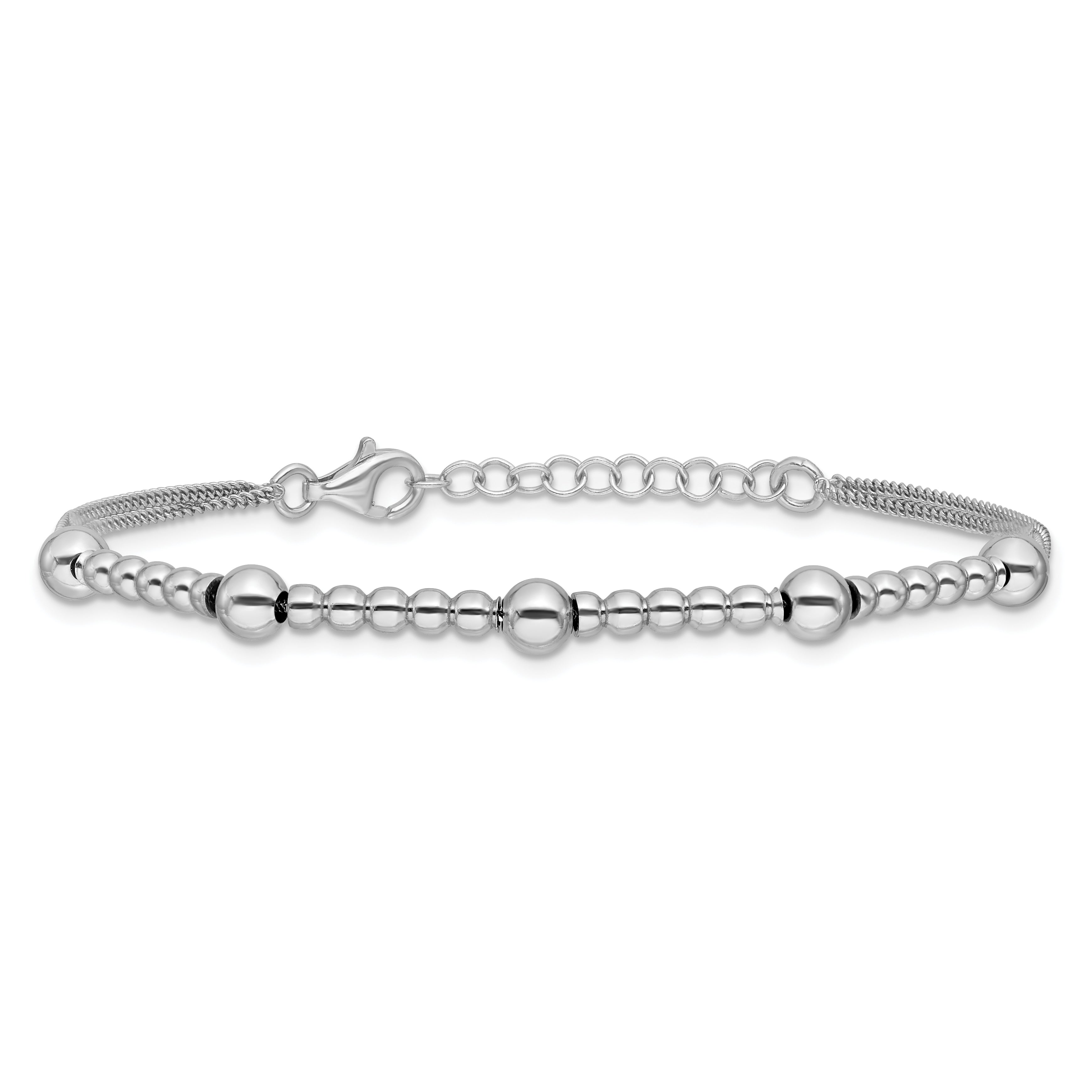Sterling Silver RH-plt Pol. 2-strand Beaded w/1in ext. Bracelet