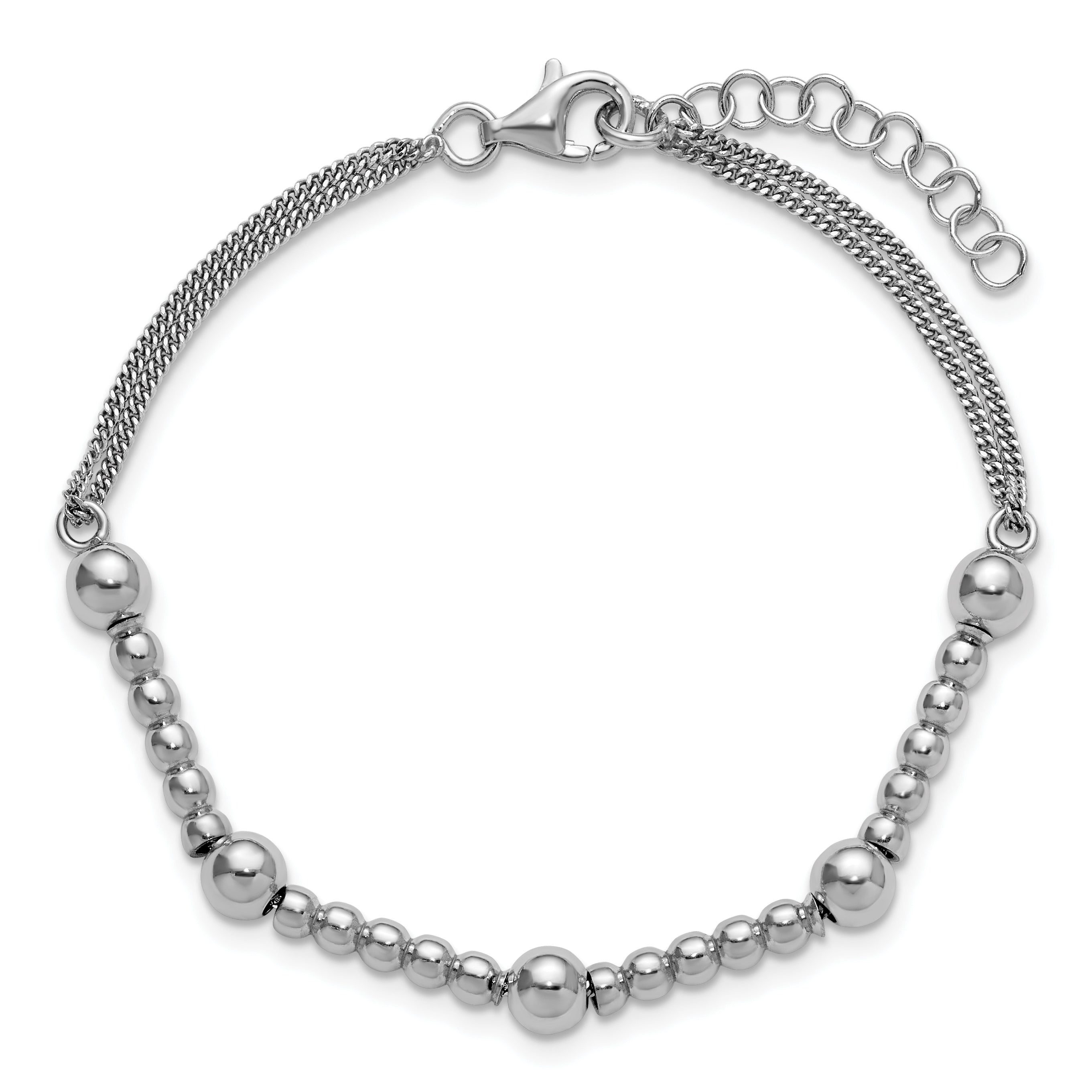 Sterling Silver RH-plt Pol. 2-strand Beaded w/1in ext. Bracelet