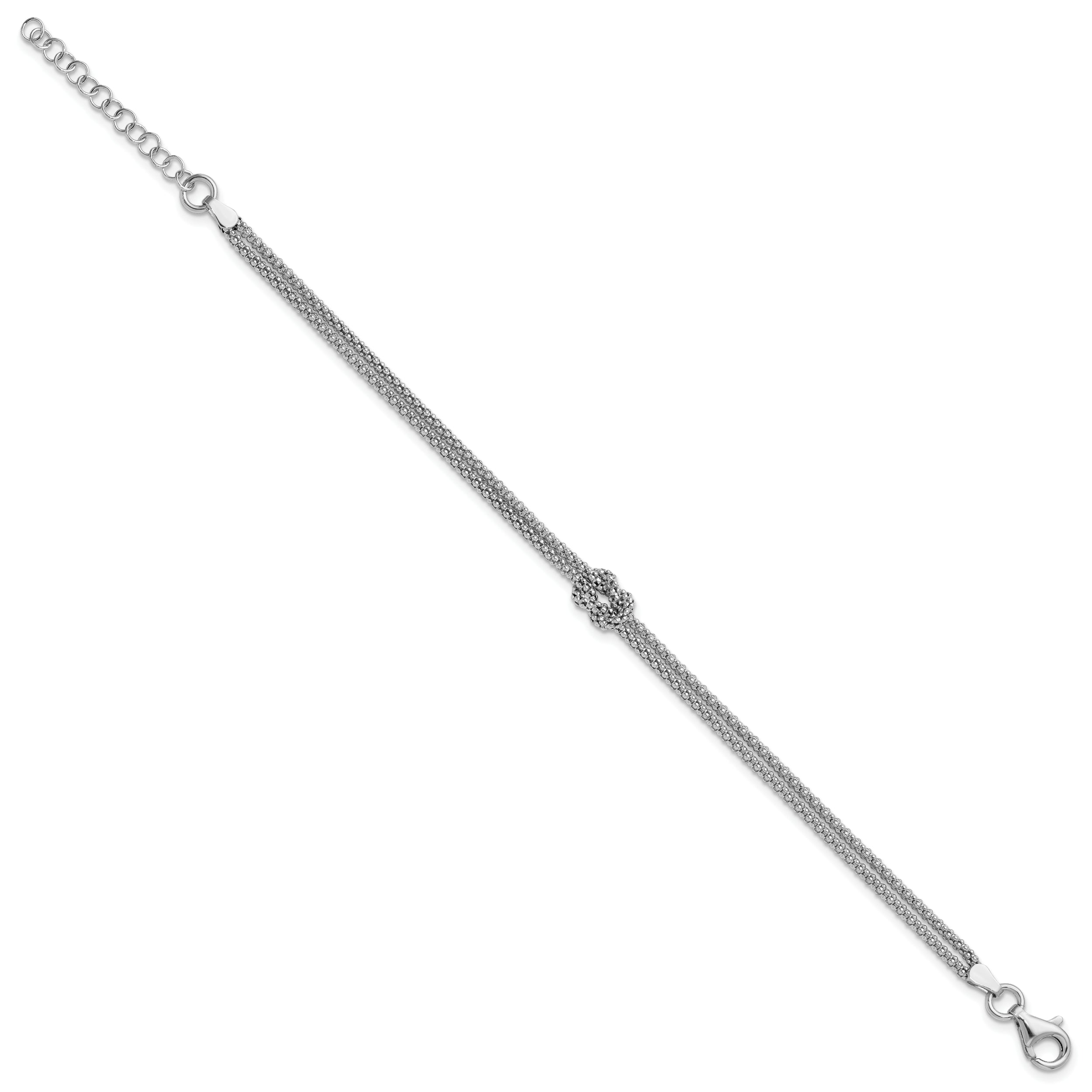 Sterling Silver RH-plt Pol. 2-strand Knot w/1in ext. Bracelet