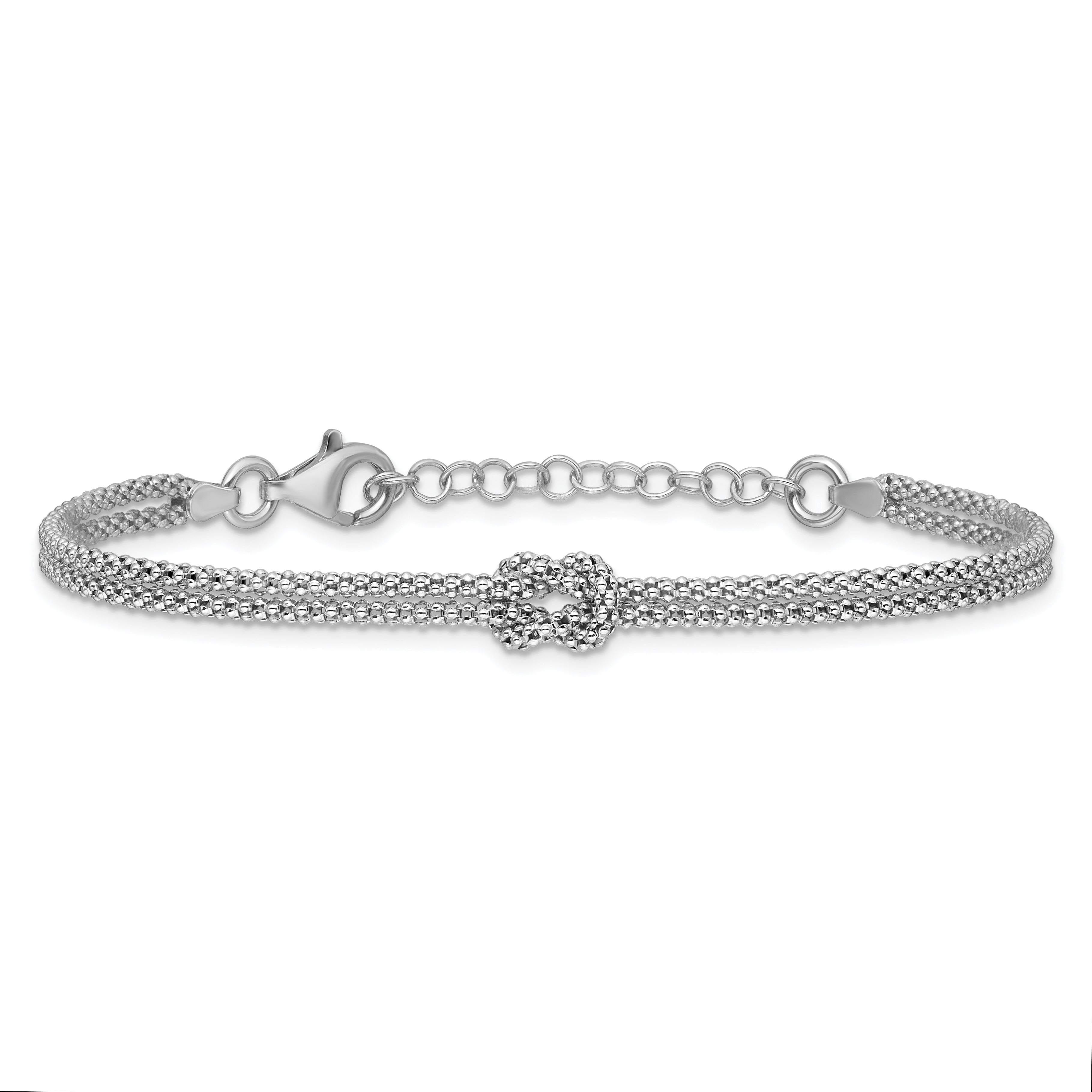 Sterling Silver RH-plt Pol. 2-strand Knot w/1in ext. Bracelet