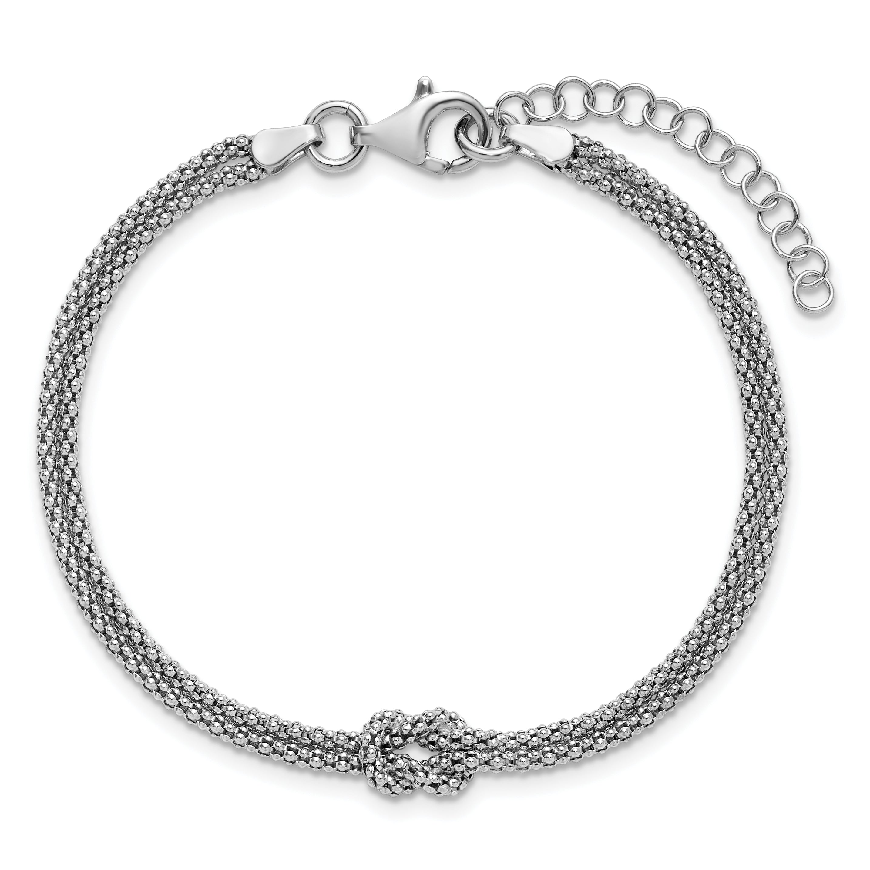 Sterling Silver RH-plt Pol. 2-strand Knot w/1in ext. Bracelet