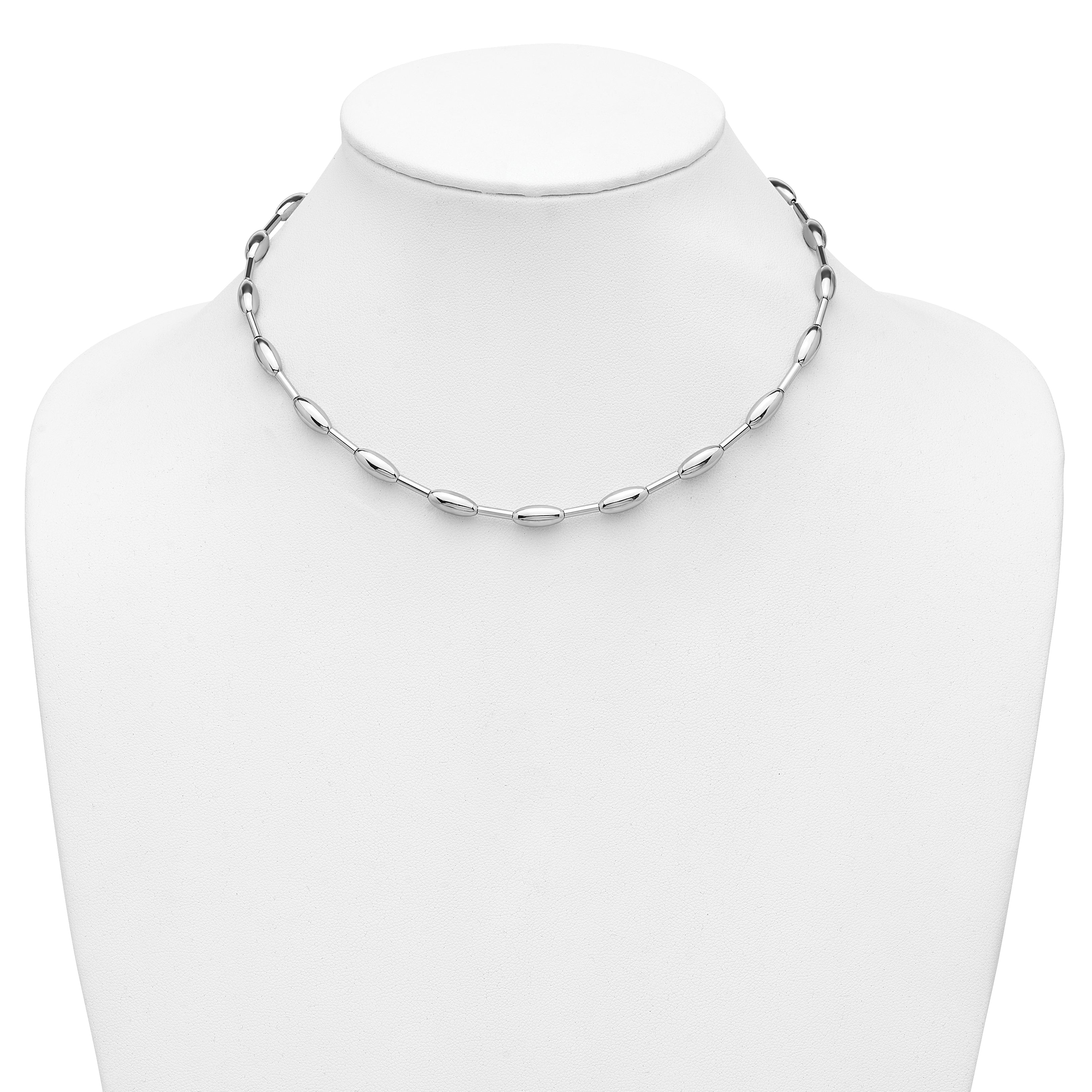 Sterling Silver RH-plat Polish Oval Beaded w/2in ext. Necklace