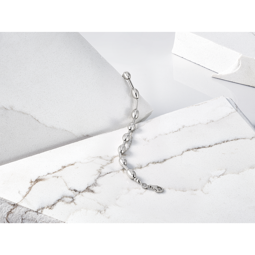 Sterling Silver RH-plated Polished Oval Beaded Bracelet