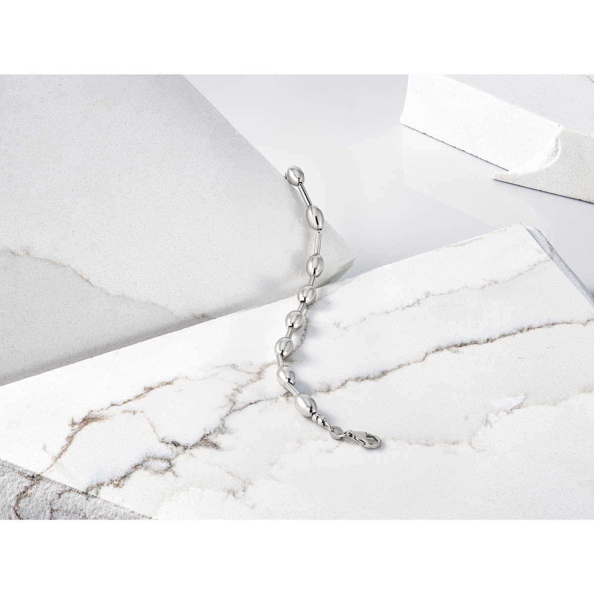 Sterling Silver RH-plated Polished Oval Beaded Bracelet