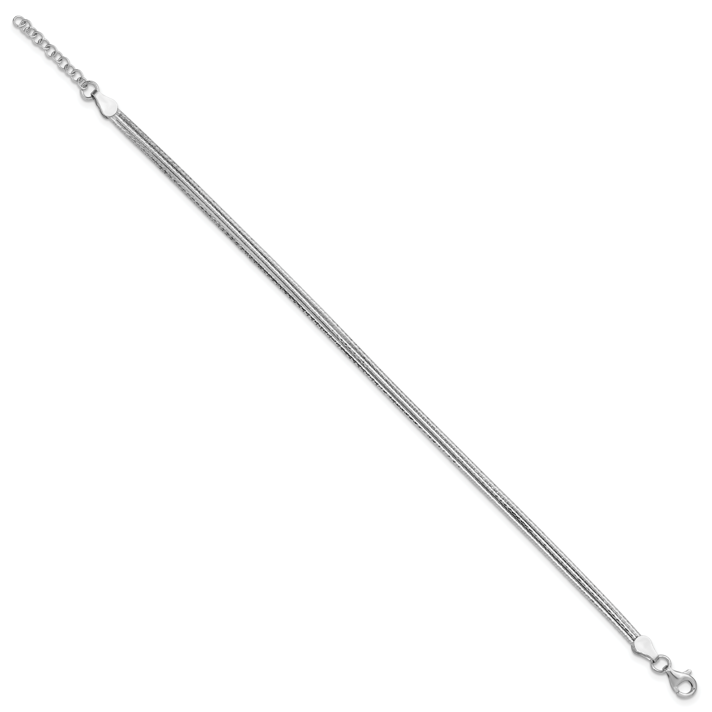 Sterling Silver RH-plated Diamond-cut Three Strand w/1in ext. Brac