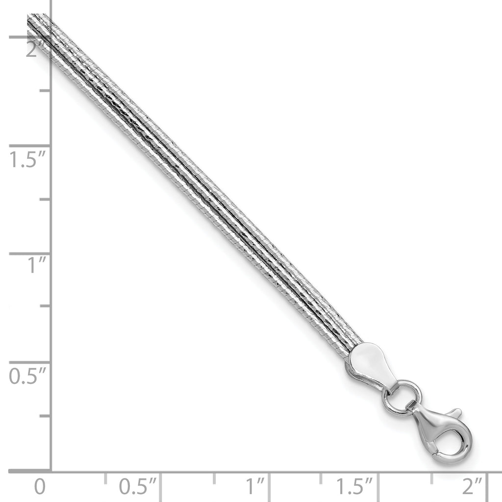 Sterling Silver RH-plated Diamond-cut Three Strand w/1in ext. Brac