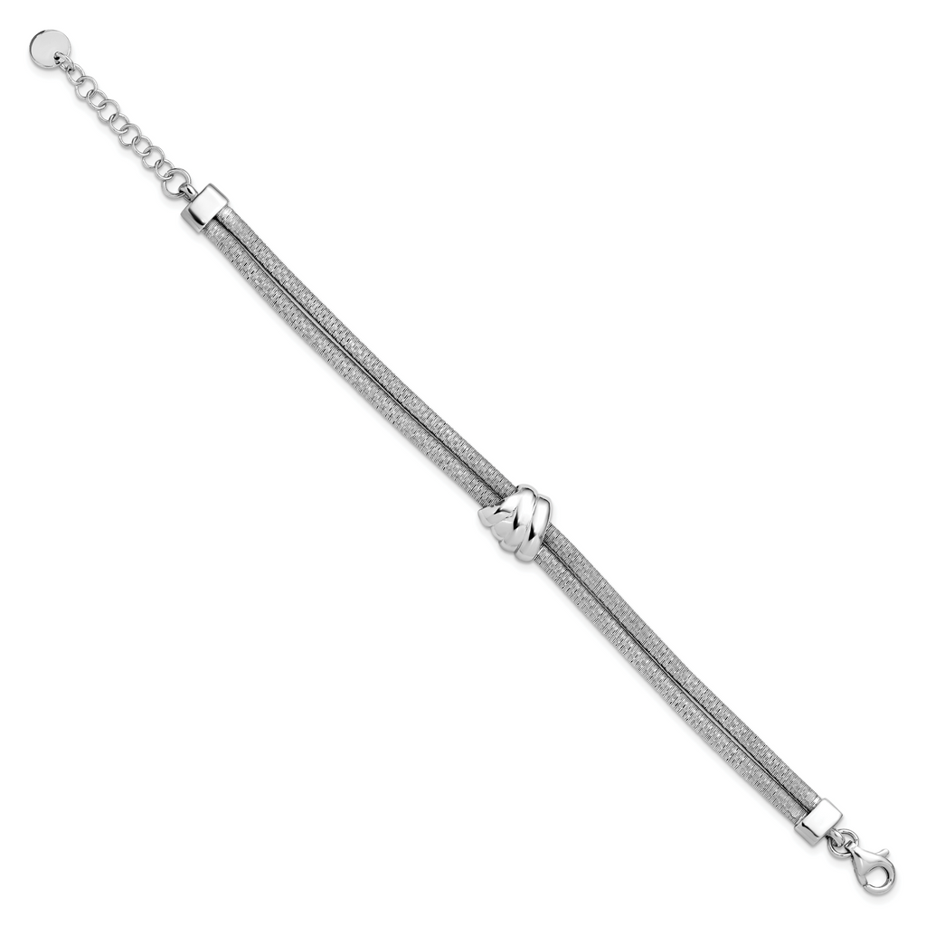 SS Rh-plt Polished/Textured 2 Strand Wrapped Knot w/1in ext. Brace
