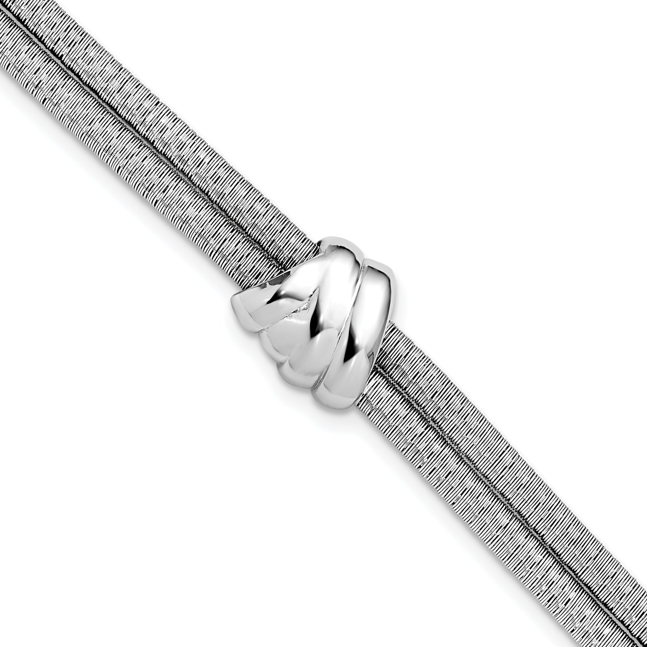 SS Rh-plt Polished/Textured 2 Strand Wrapped Knot w/1in ext. Brace
