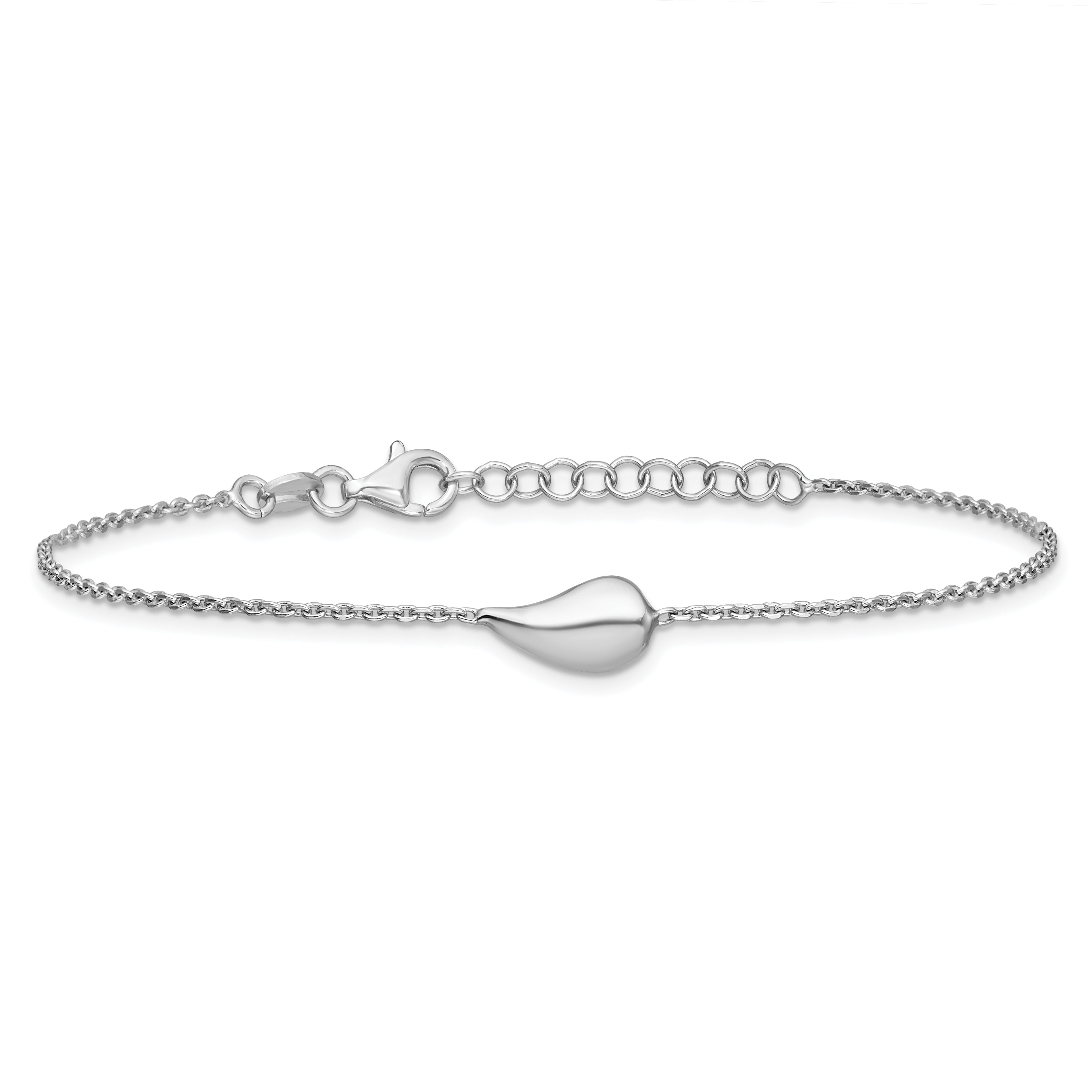 Sterling Silver RH-plated Polished Teardrop w/ 1in ext. Bracelet
