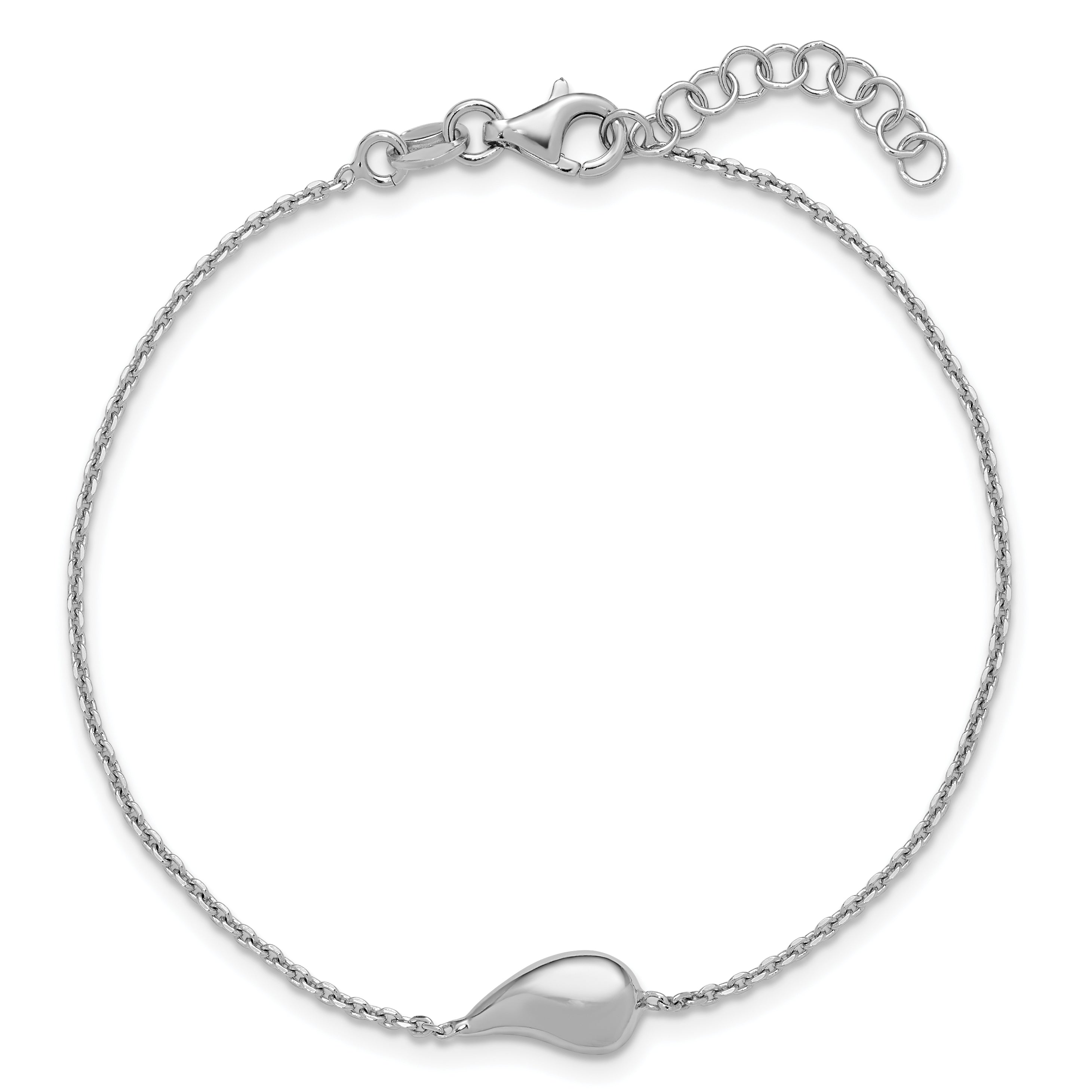 Sterling Silver RH-plated Polished Teardrop w/ 1in ext. Bracelet