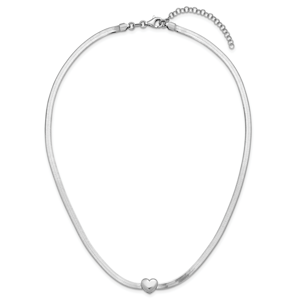 Sterling Silver RH-plated Polished Heart Herringbone w/ 2in ext. N