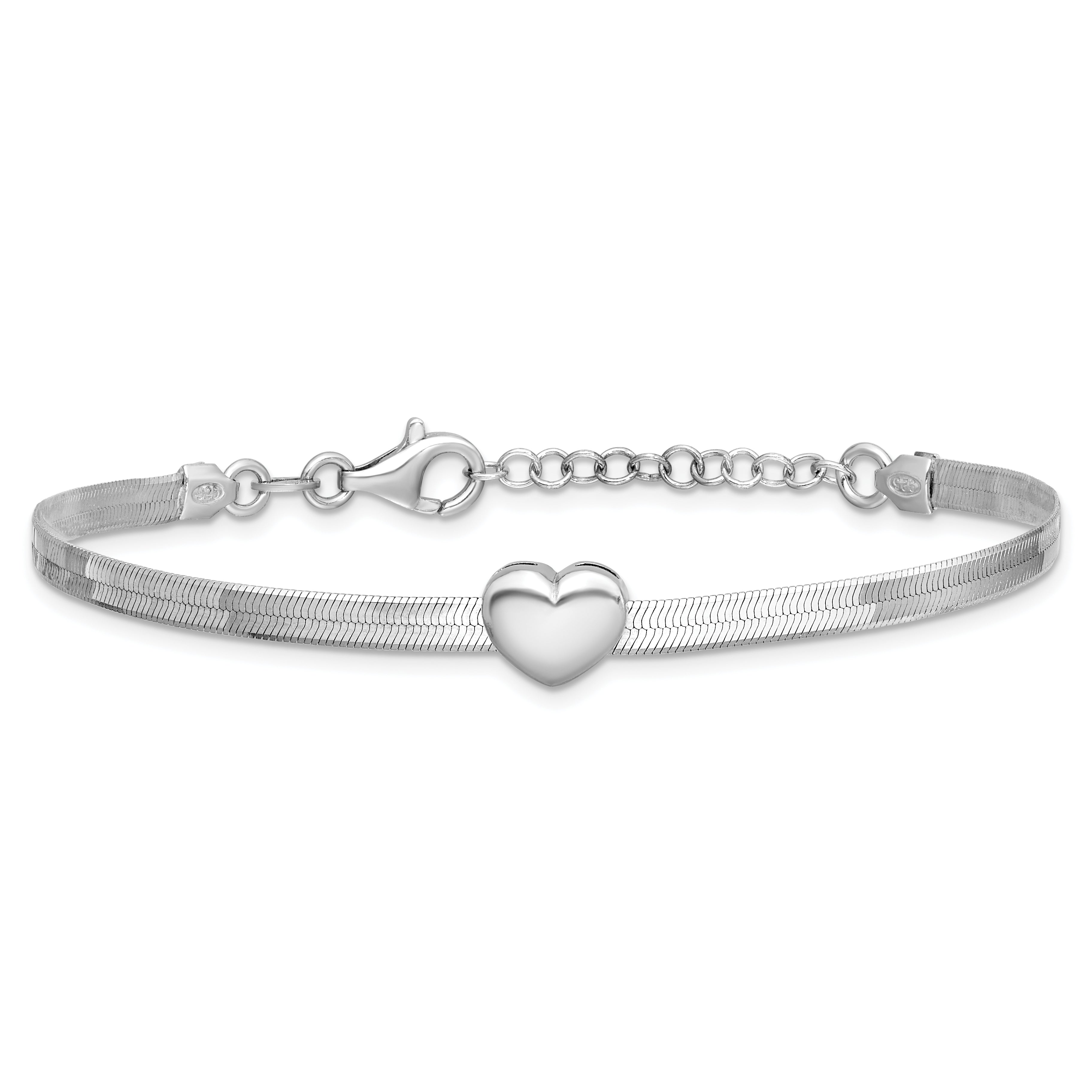 Sterling Silver RH-plated Polished Heart Herringbone w/ 1in ext. B