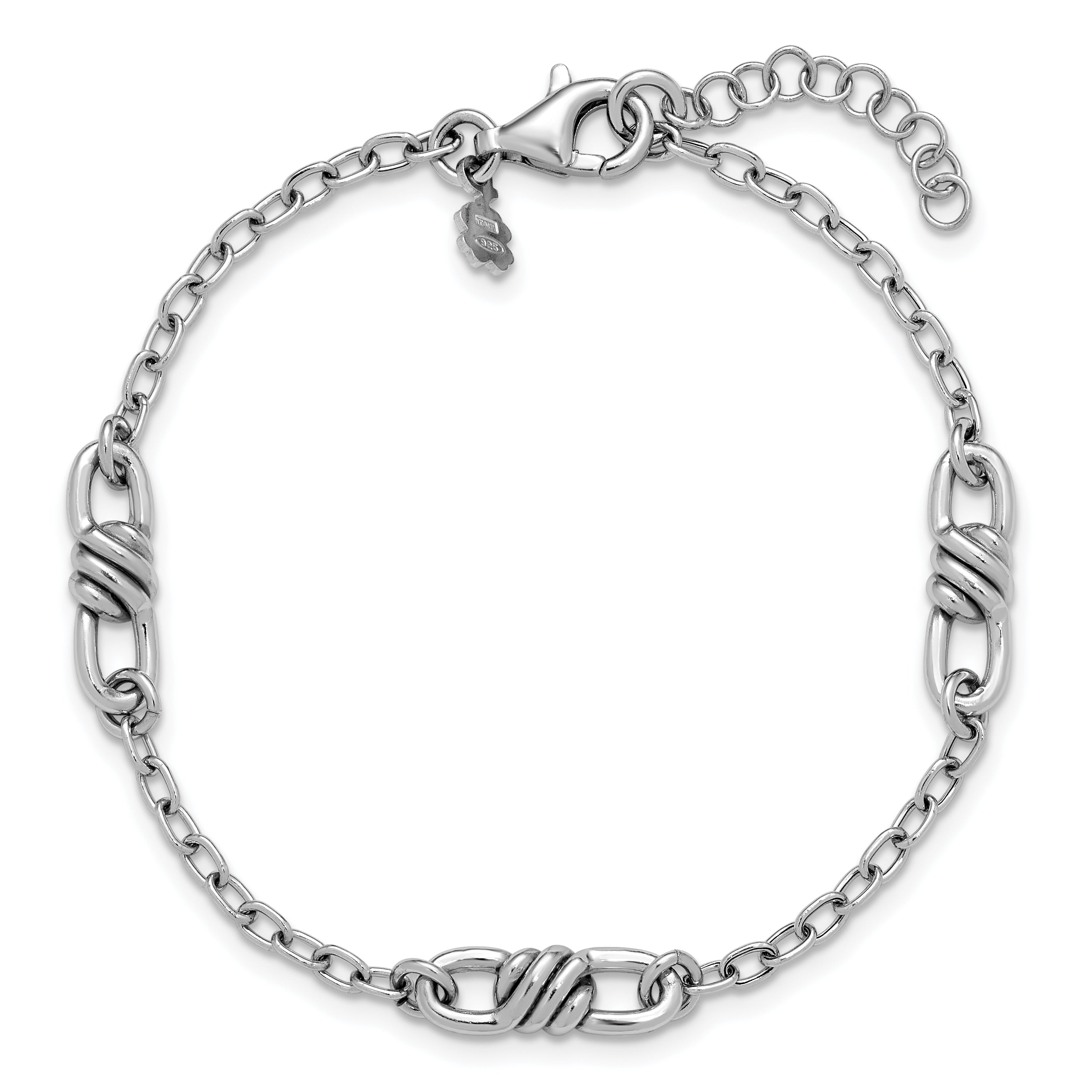 Sterling Silver RH-plated Polished Fancy Link w/1in ext. Bracelet