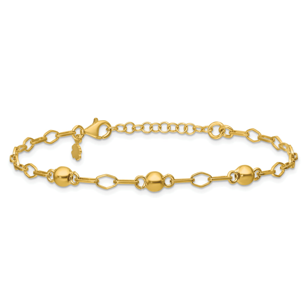 Sterling Silver Gold-tone pol. Beaded Link w/1in ext. Bracelet