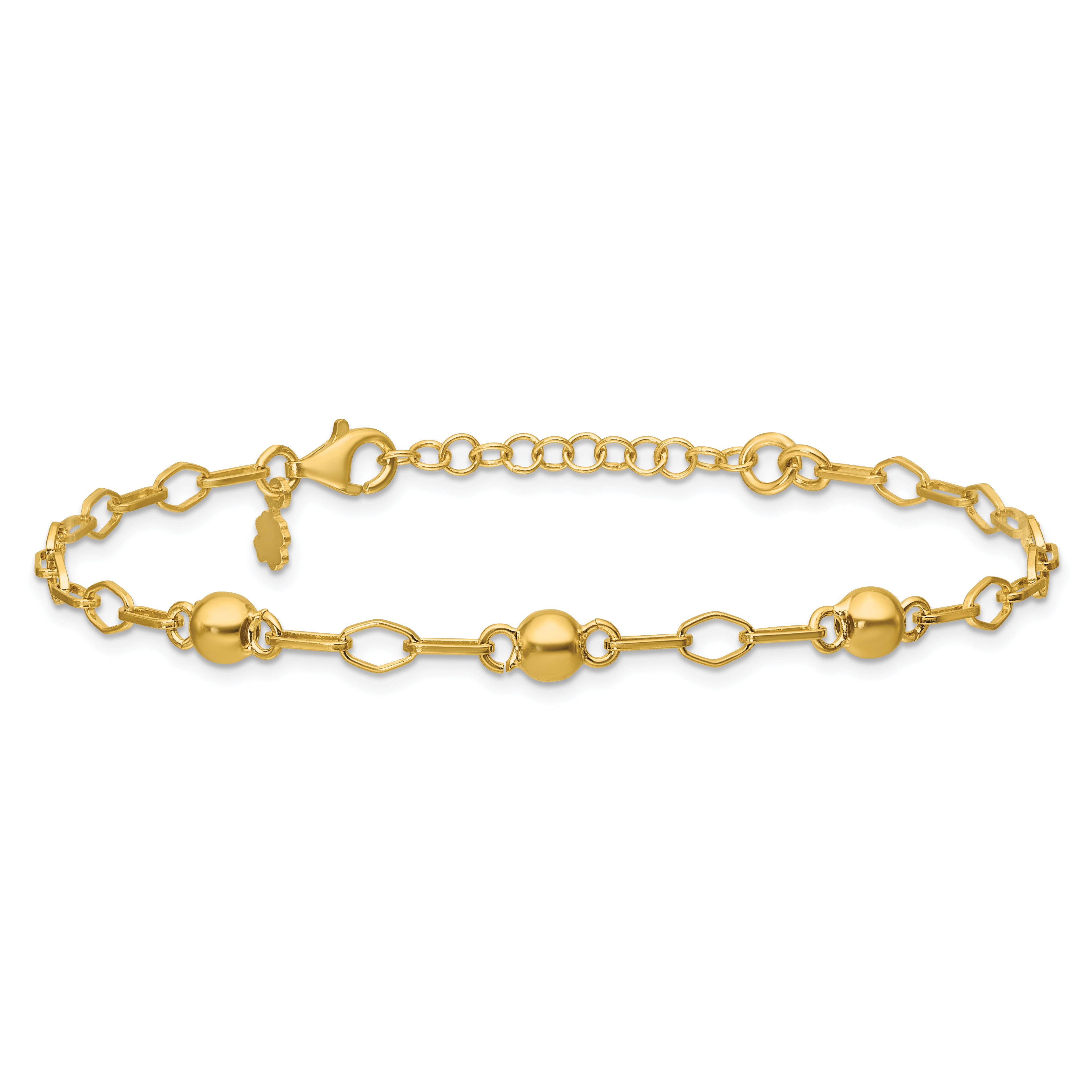 Sterling Silver Gold-tone pol. Beaded Link w/1in ext. Bracelet