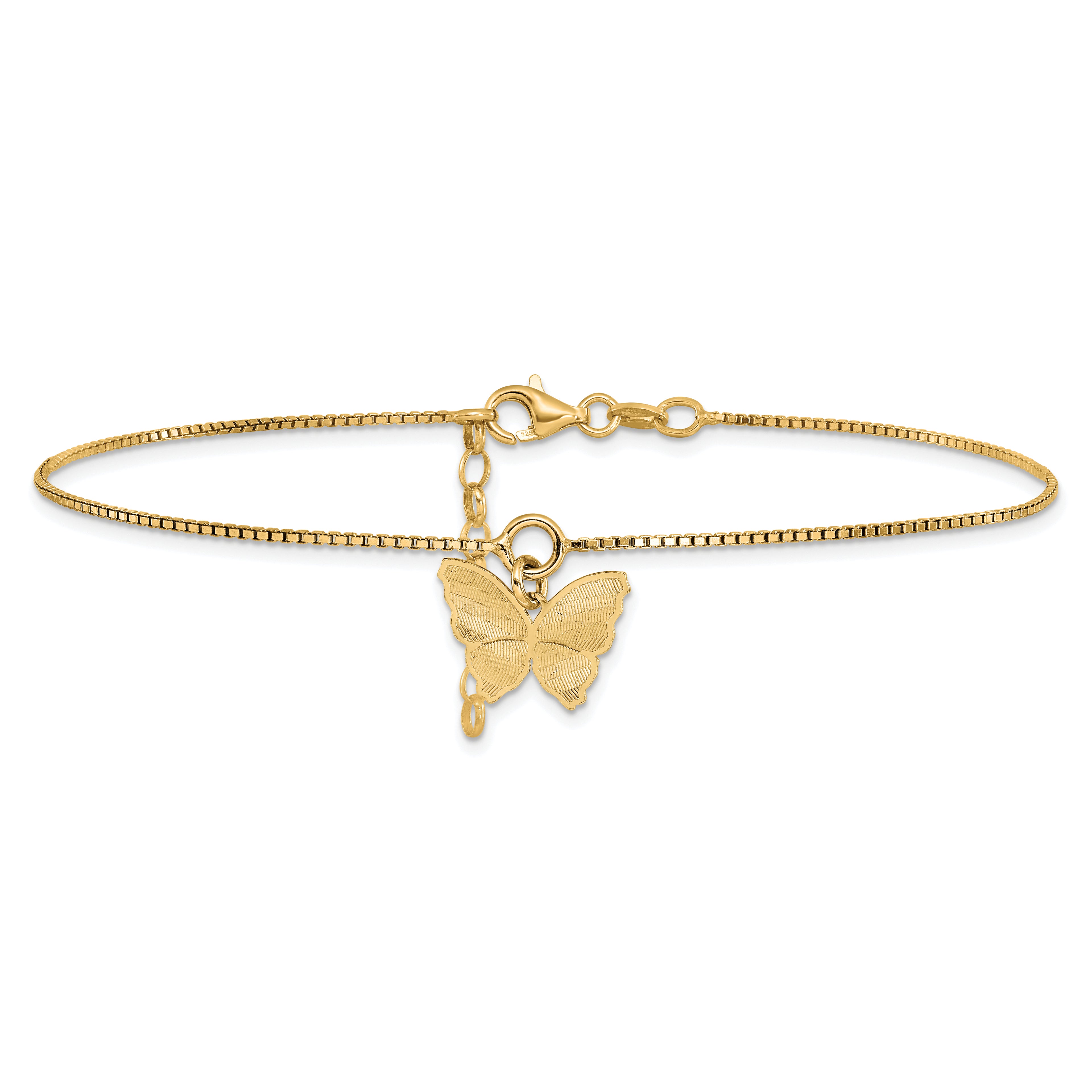 Sterling Silver Gold-plated Butterfly Charm 9 inch Plus 1 inch Extender - Total 10 inch Anklet