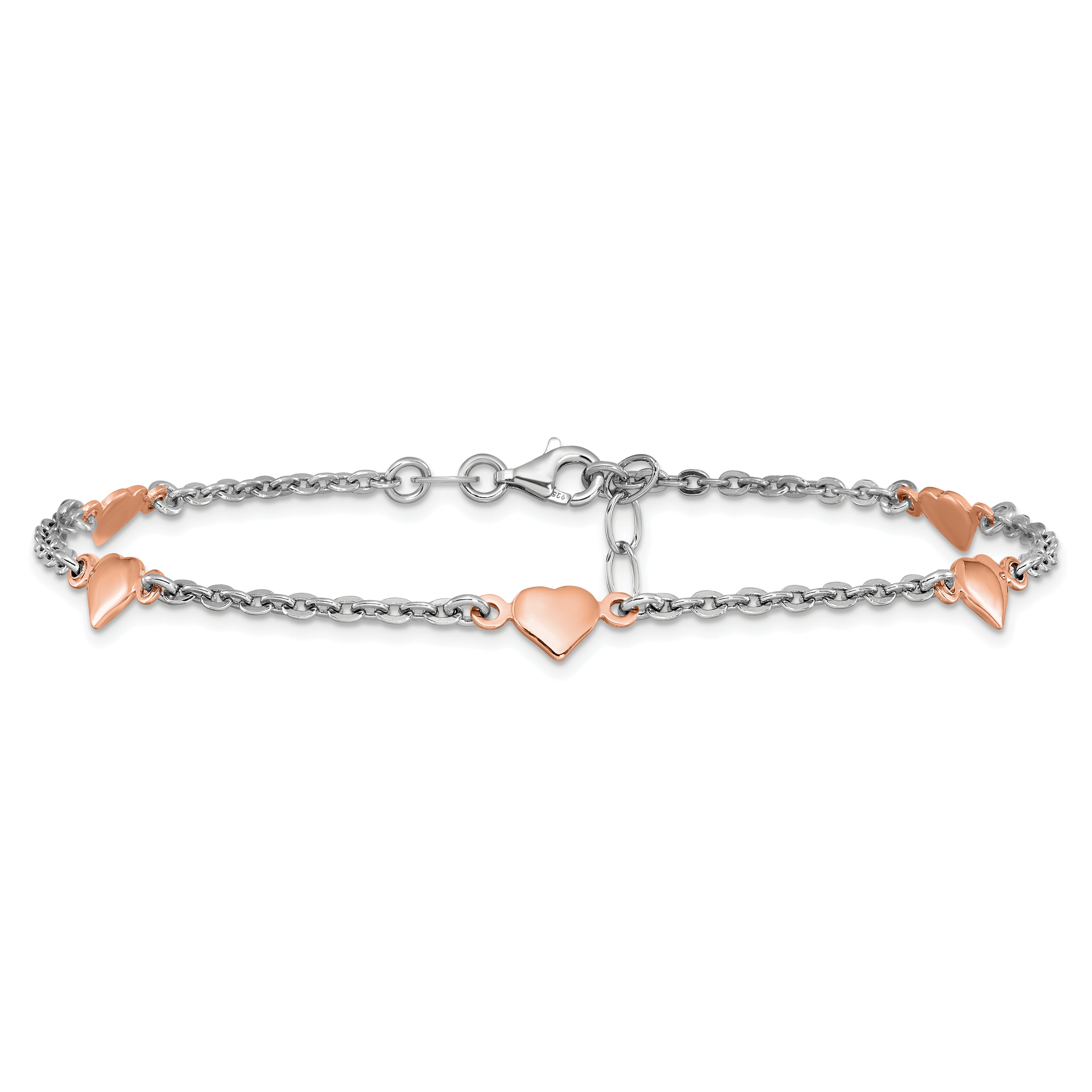Sterling Silver Rhodium and Rose Gold-plated Heart  9 inch Plus 1 inch Extender - Total 10 inch Anklet