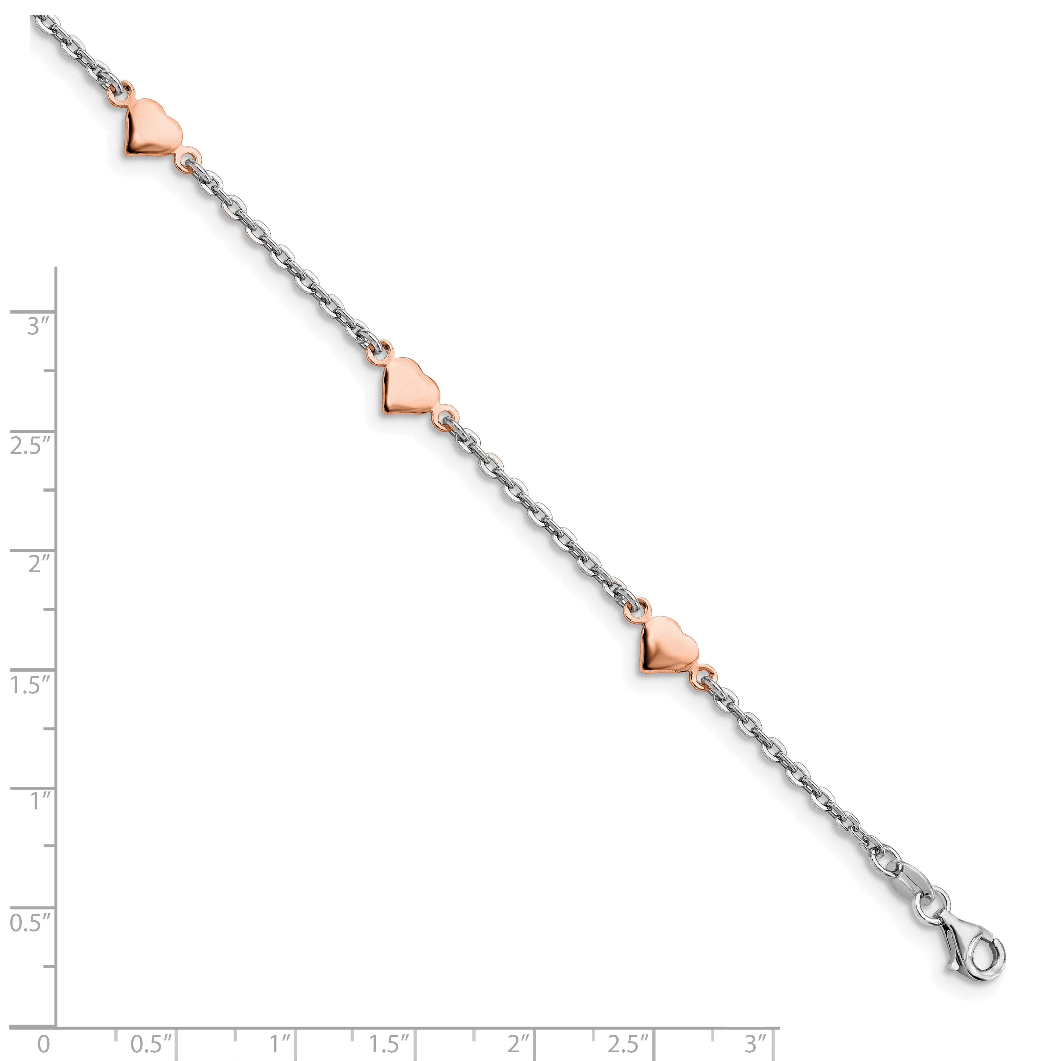 Sterling Silver Rhodium and Rose Gold-plated Heart  9 inch Plus 1 inch Extender - Total 10 inch Anklet