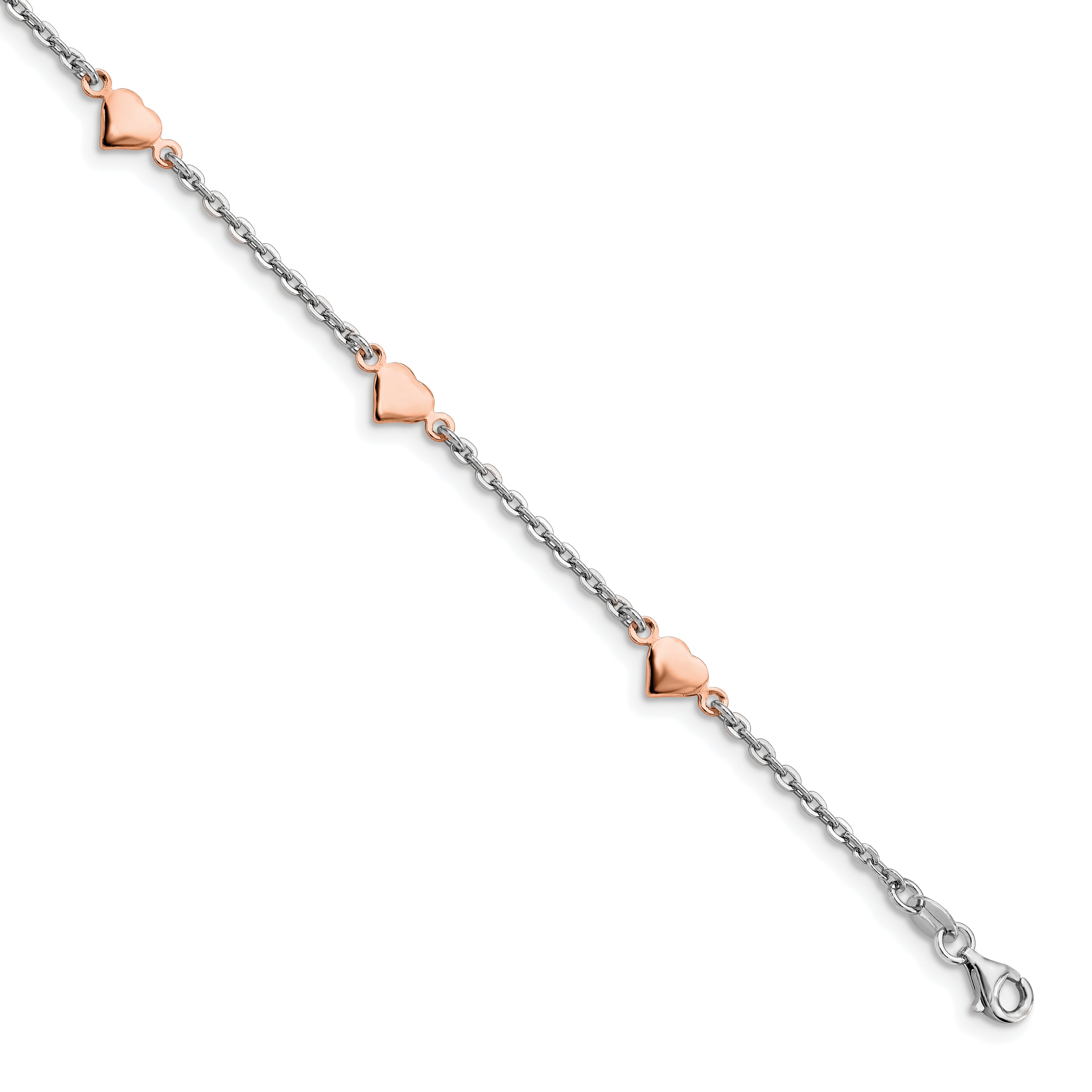 Sterling Silver Rhodium and Rose Gold-plated Heart  9 inch Plus 1 inch Extender - Total 10 inch Anklet Main image
