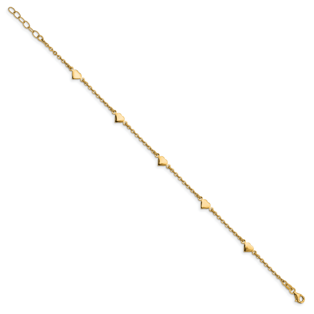 Sterling Silver Gold-plated Heart 5-Station 9 inch Plus 0.5 inch Extender - Total 9.5 inch Anklet