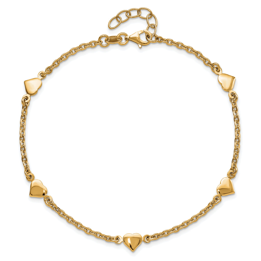 Sterling Silver Gold-plated Heart 5-Station 9 inch Plus 0.5 inch Extender - Total 9.5 inch Anklet