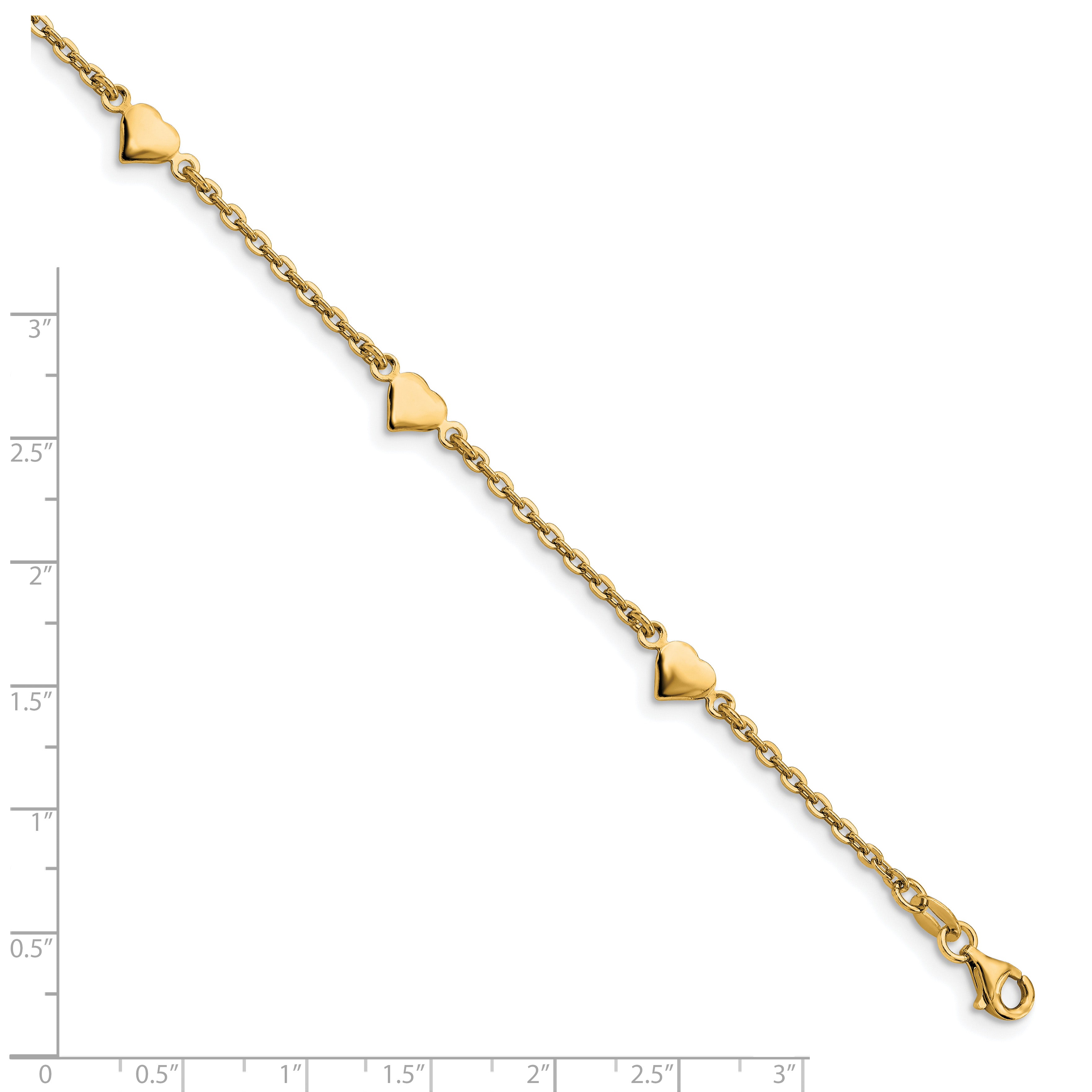 Sterling Silver Gold-plated Heart 5-Station 9 inch Plus 0.5 inch Extender - Total 9.5 inch Anklet