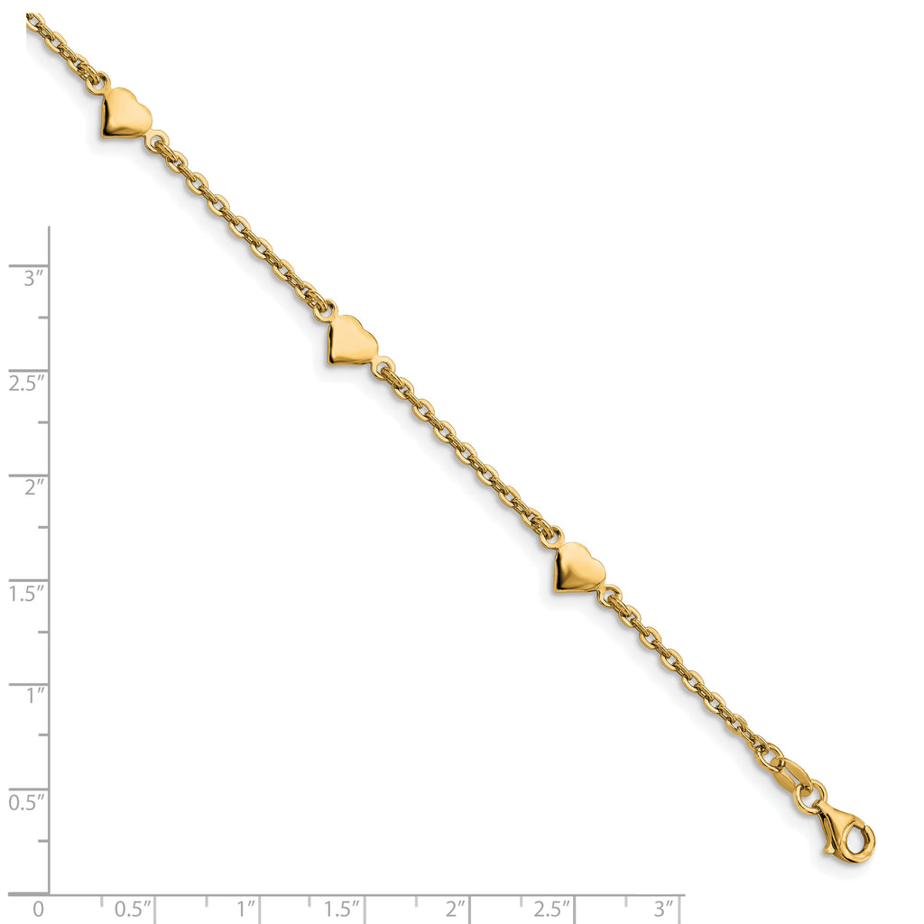 Sterling Silver Gold-plated Heart 5-Station 9 inch Plus 0.5 inch Extender - Total 9.5 inch Anklet