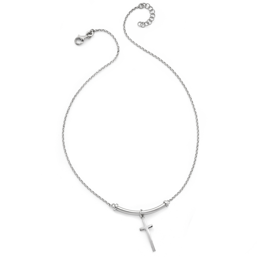 Sterling Silver RH-plated Polished Cross w/1in ext. Necklace