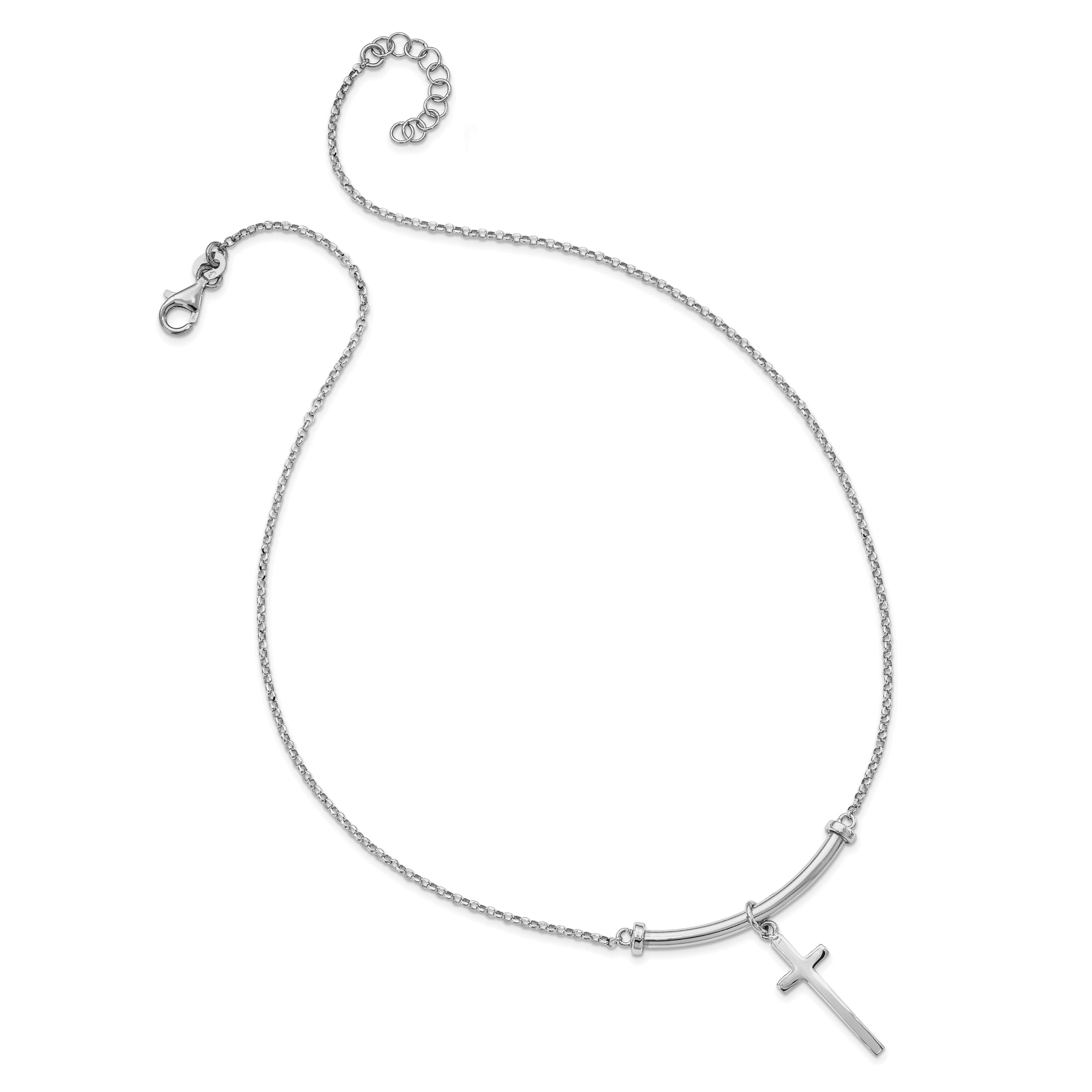 Sterling Silver RH-plated Polished Cross w/1in ext. Necklace