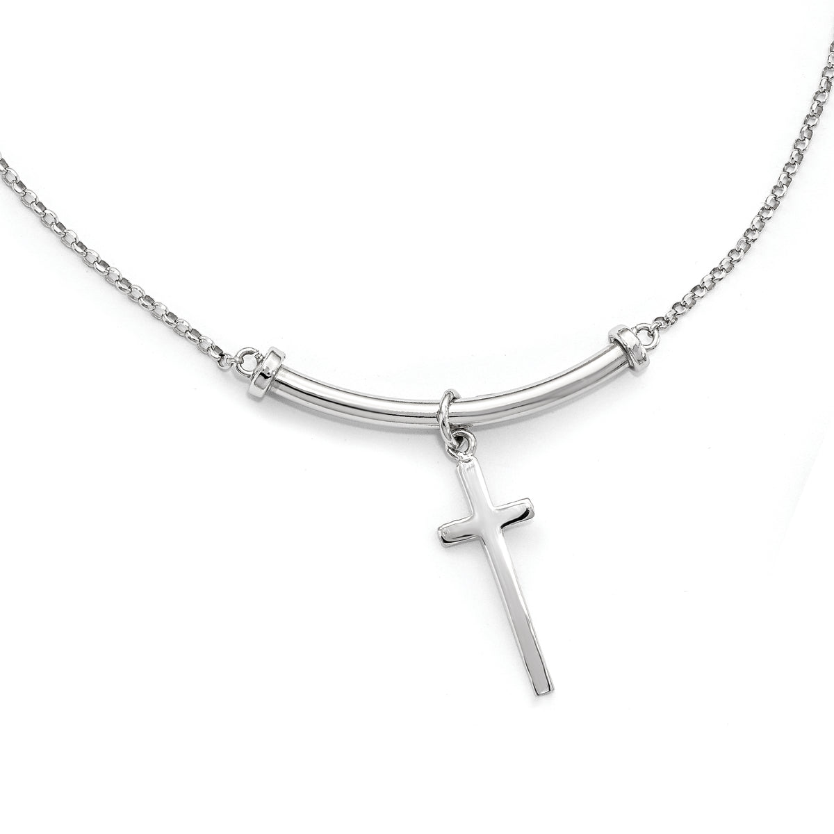 Sterling Silver RH-plated Polished Cross w/1in ext. Necklace