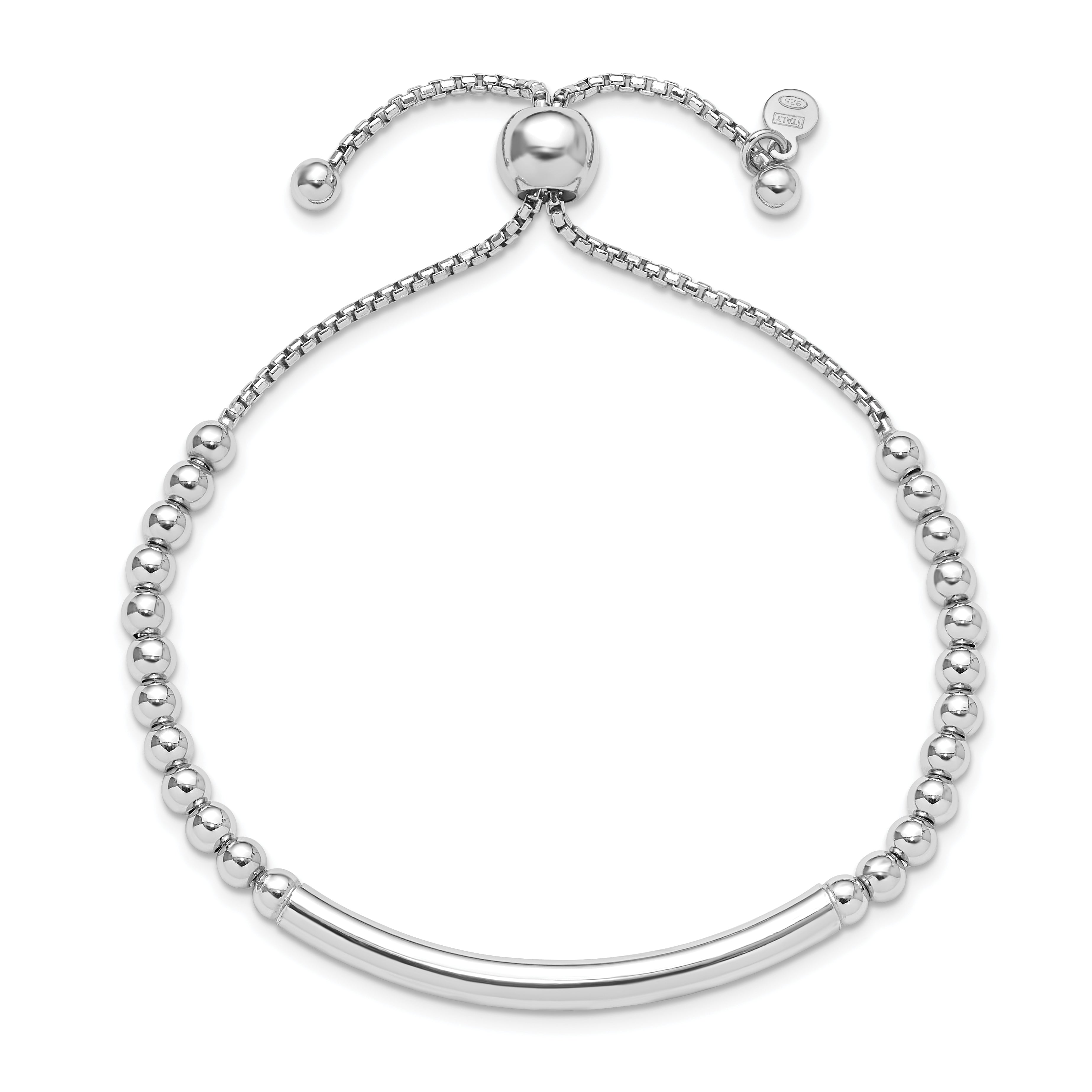 Sterling Silver RH-plated Polished Beaded Adjustable Bracelet
