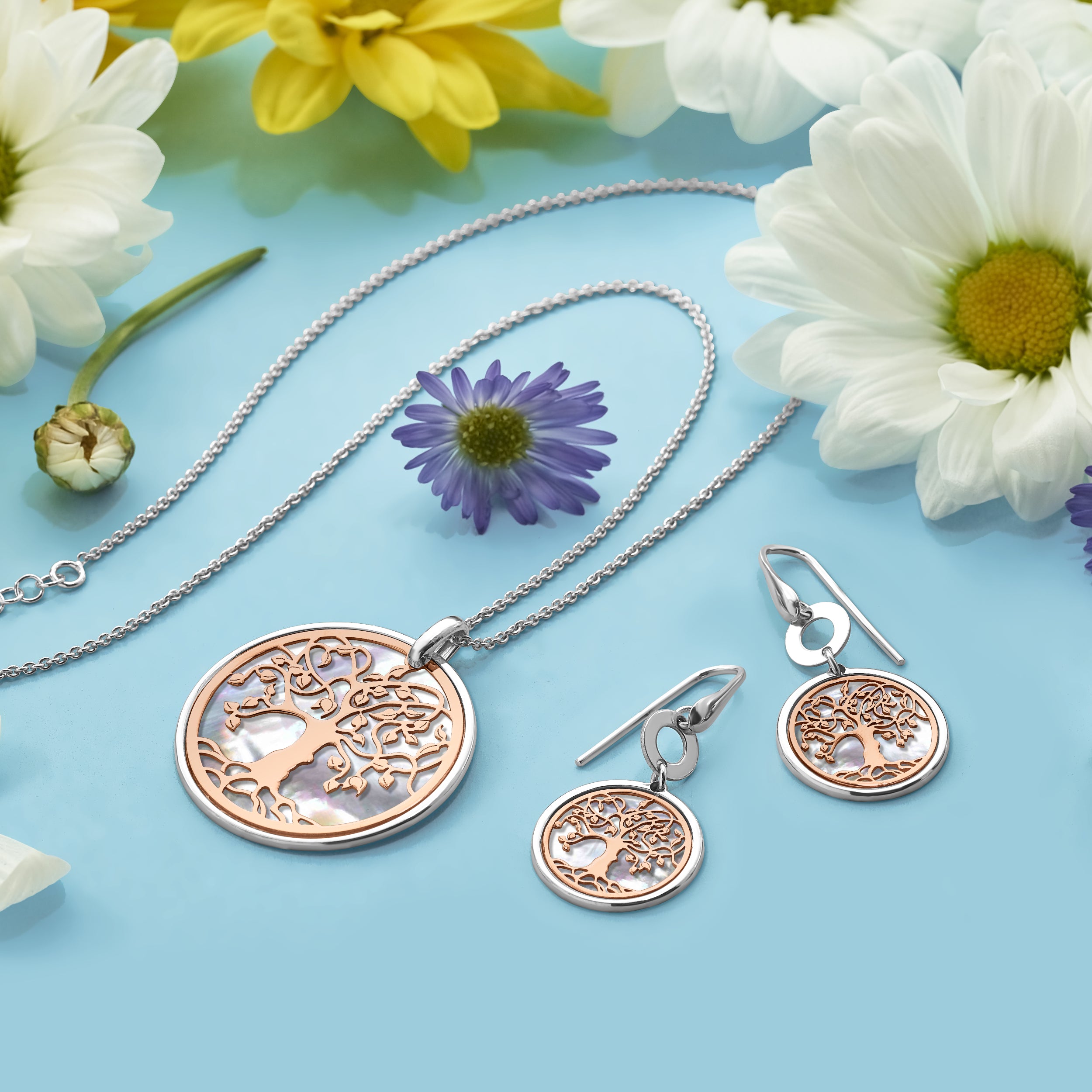 Sterling Silver & Rose-tone MOP Tree of Life w/1in ext. Necklace