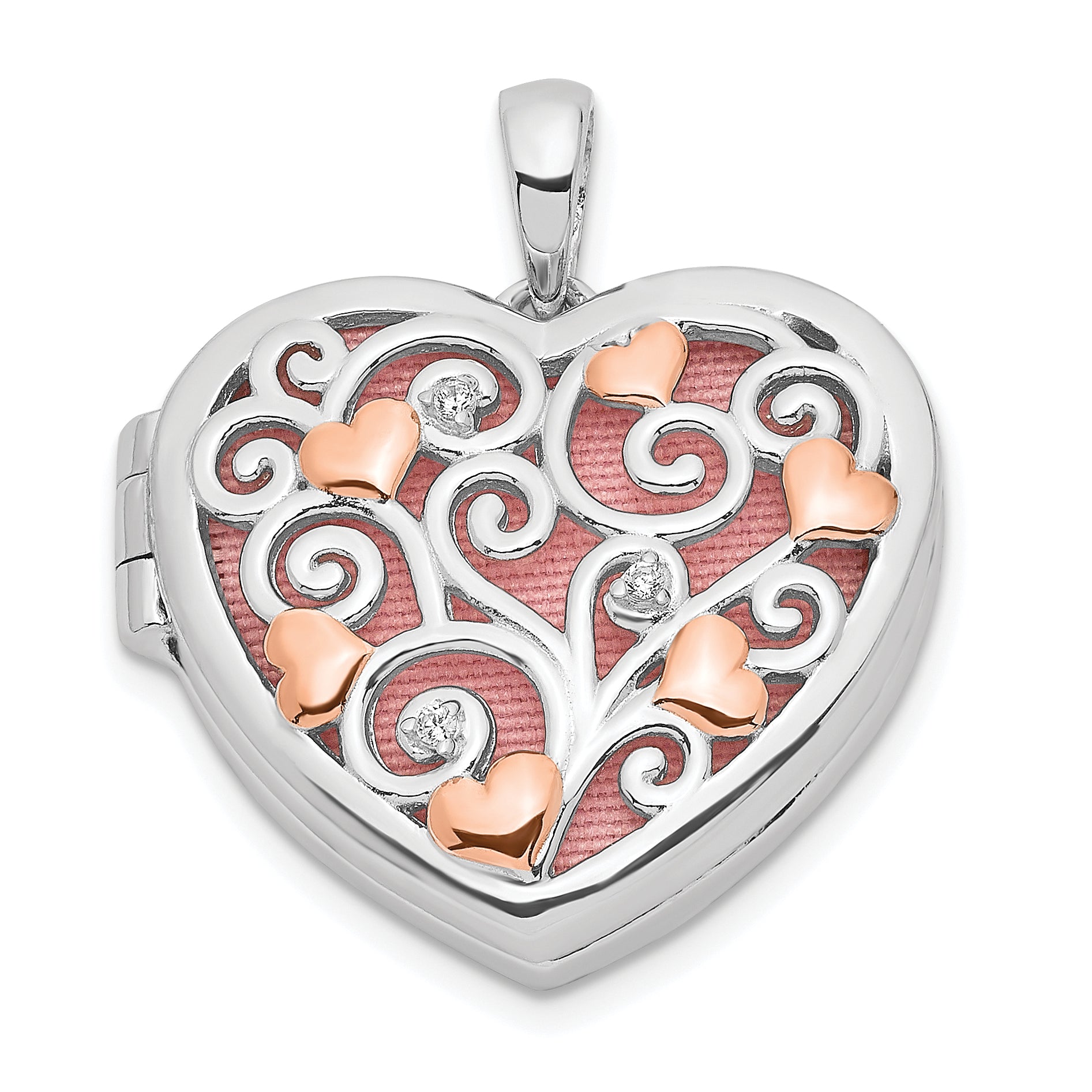 Sterling Silver Rhodium-plated CZ Rose Rhodium Filigree 18mm Heart Locket Main image