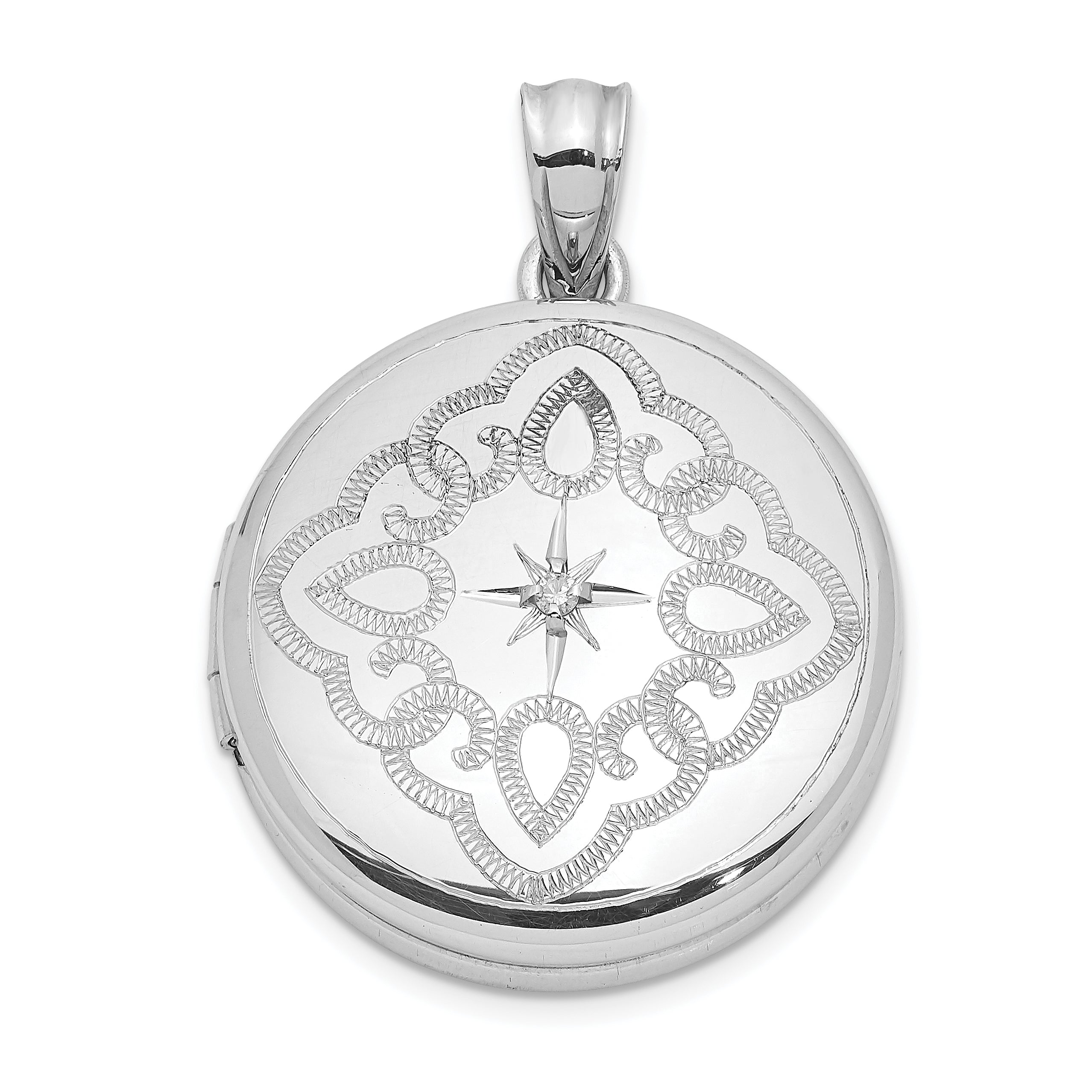 Sterling Silver Rhodium-plated Lace Design Diamond 20mm Round Locket Main image