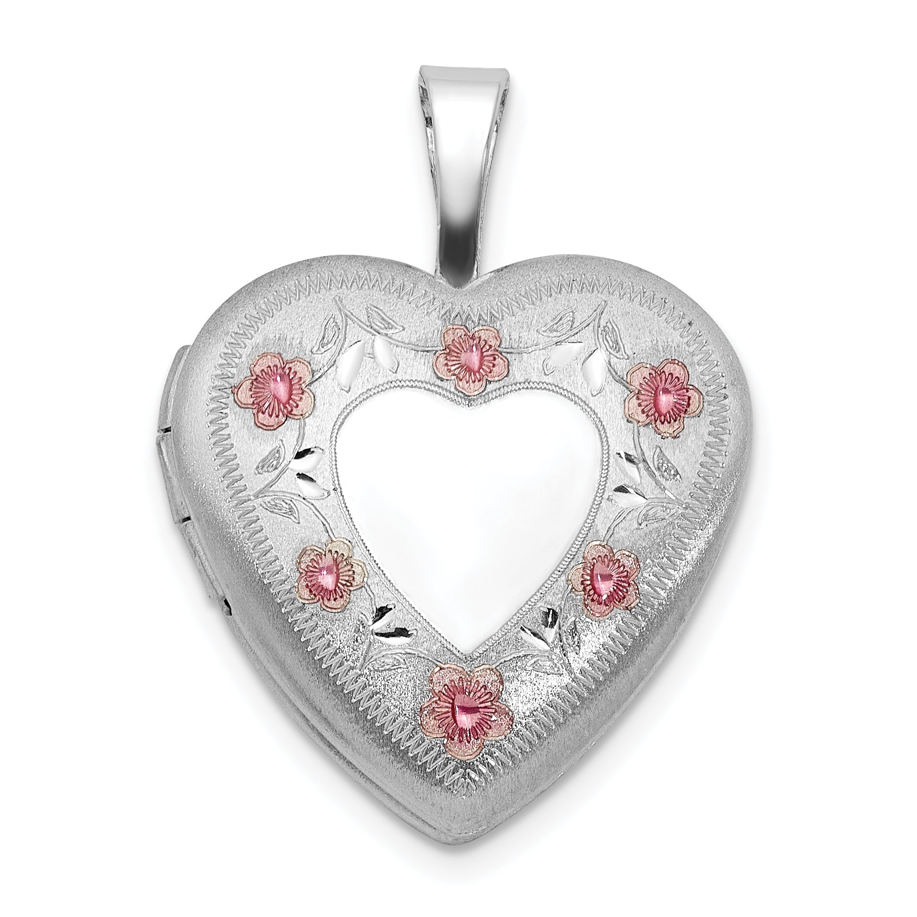 Sterling Silver RH-plated Polished / Satin Epoxy 16mm Floral Heart Locket Main image