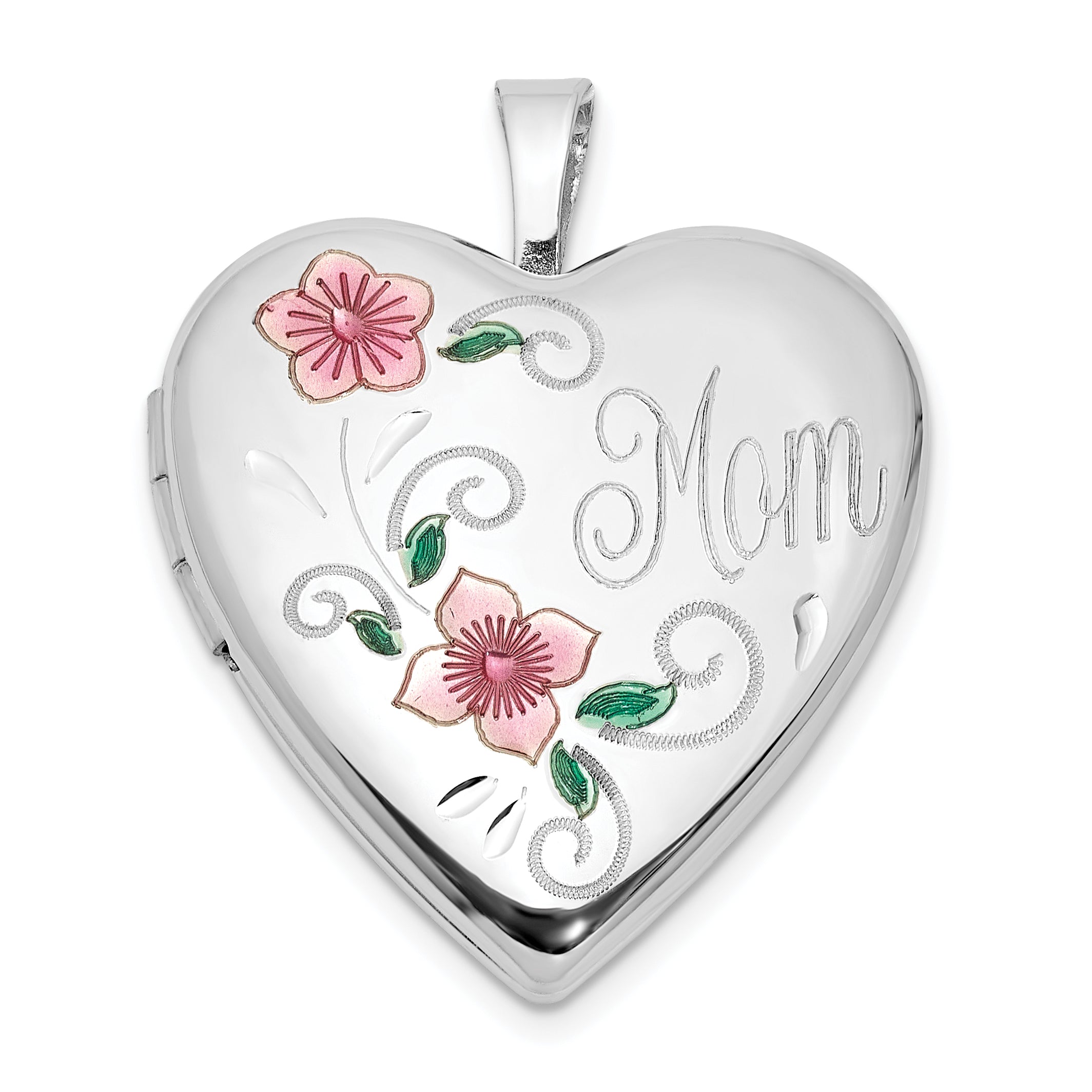 Sterling Silver Rhodium-plated Epoxy 20mm Floral Mom Heart Locket Main image