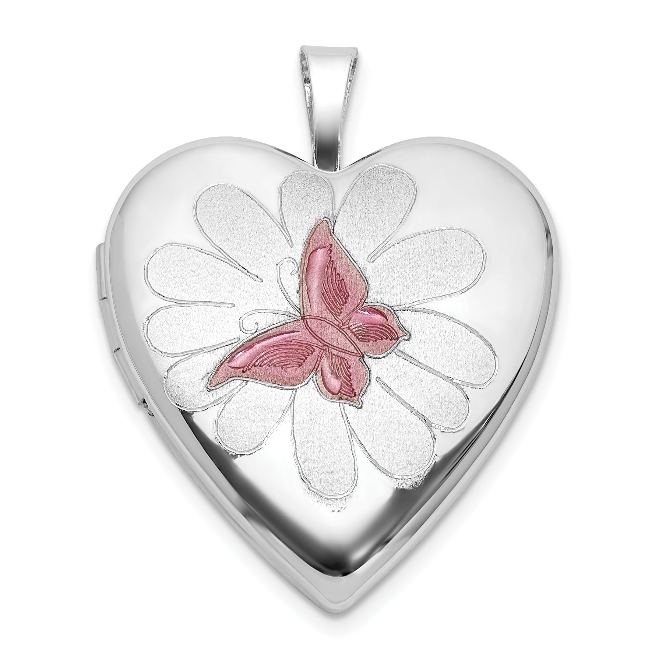 Sterling Silver RH-plate Polished/Satin Epoxy 20mm Butterfly Heart Locket Main image