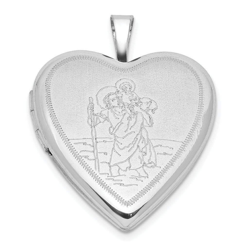 Sterling Silver  RH-plate Satin/Polished St. Christopher 20mm Heart Locket